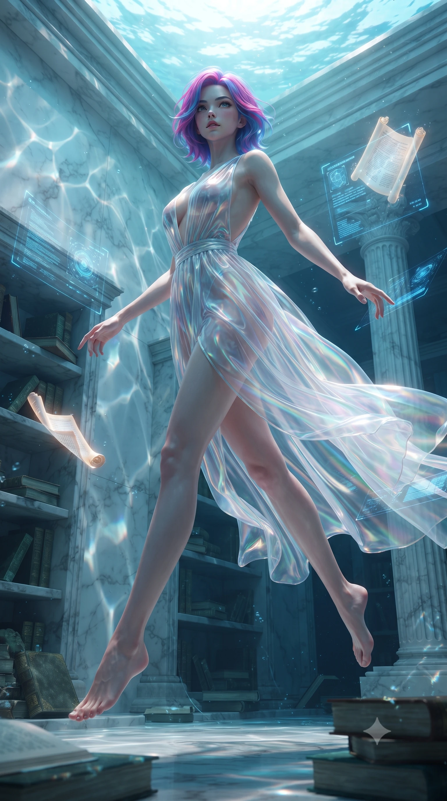 score_9, masterpiece, best quality, ultra-detailed, high-budget anime keyframe, editorial fashion photography, tasteful artistic composition, Caucasian woman. low angle full-body shot from head to toe showing her feet, filling the entire 9:16 vertical frame with her statuesque presence, stretching her vertical silhouette. leaping gracefully through the environment with statuesque elegance and long slender legs navigating a submerged ancient library surrounded by floating glowing scrolls, shimmering water reflections dancing dynamically across the marble walls. She has an absolutely perfect, statuesque 8.5-heads proportion, an exceptionally tall and slender model-like female figure with impossibly long slender legs and an ultra-slim waist. sharp v-shaped jawline, high-bridge nose, intricate jewel-like eyes with depth, thick eyelashes, glossy lips with a natural sheen. wearing a translucent iridescent chiffon gown with a dramatic plunging neckline and open back, the elegant draped fit framing her graceful clavicle and slender torso. lit by clear sun-drenched sea light with soft ethereal shadows. ultra-reflective glossy finish, specular highlights, metallic sheen, high-contrast stereoscopic depth, volumetric dynamic lighting, 2k, ultra detail, master piece, 9:16 ratio