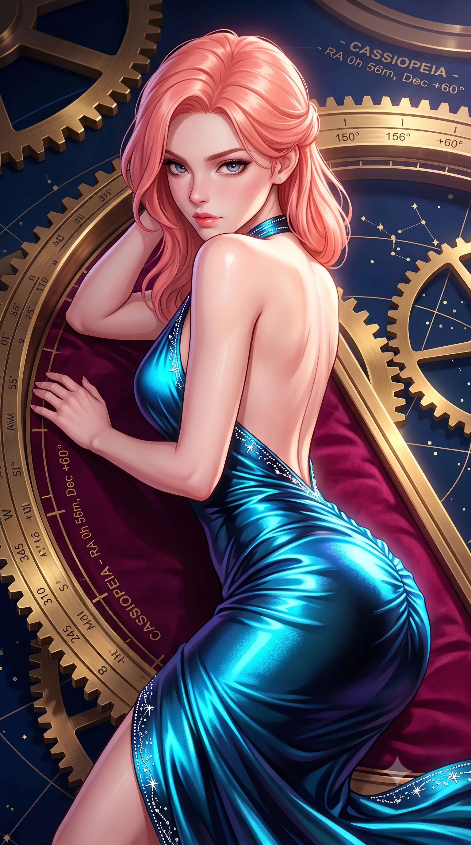 score_9, masterpiece, best quality, ultra-detailed, high-budget anime keyframe, semi-realistic 3D game render, editorial fashion photography, tasteful artistic composition, Japanese woman. close-up cowboy shot from the waist and thighs up, the character dominates the composition, filling the frame with her large presence. turning over a bare shoulder with an intoxicating, teasing smile, her soft hair framing her sharp jawline as her hips angle gracefully while reclining on a velvet-lined observation platform propped on one elbow, looking back over her shoulder with an intoxicating bedroom-gaze. The surrounding environment is rendered in vivid detail and crisp panoramic clarity. sharp brass gear teeth, engraved celestial coordinate rings, and star map typography in deep focus. She has an exceptionally elegant, slender, and willowy female figure with an ultra-slim waist, a gracefully sculpted slender torso, toned flat midriff, and rounded feminine hips creating an alluring hourglass silhouette. sharp v-shaped jawline, high-bridge nose, intricate jewel-like eyes with depth, thick eyelashes, glossy parted lips with a natural sheen, intensely captivating and seductive bedroom-eyes expression, flawlessly proportioned anatomical accuracy, strict slender model proportions, natural body alignment, perfectly sculpted long slender limbs, ultra-slim waistline, clean dynamic posture without body distortion. wearing a plunging halter-neck metallic lamé column dress with a dramatic bare spine and hip-defining ruching in electric cyan and deep interstellar black, tailored from ultra-smooth duchess satin with a pearlescent celestial sheen, featuring delicate starlight crystal embroidery along the neckline and hem, the second-skin form-contouring cut accentuating her sculpted flat midriff, narrow waistline, and dramatically curvy hips without adding bulk. illuminated by starlight edge lights carving her slender waist, bare collarbones, and feminine hip line. highly saturated vibrant anime colors, detailed shading with soft gradients, rich glossy textures, high-contrast stereoscopic depth, volumetric dynamic lighting, master piece, 9:16 ratio