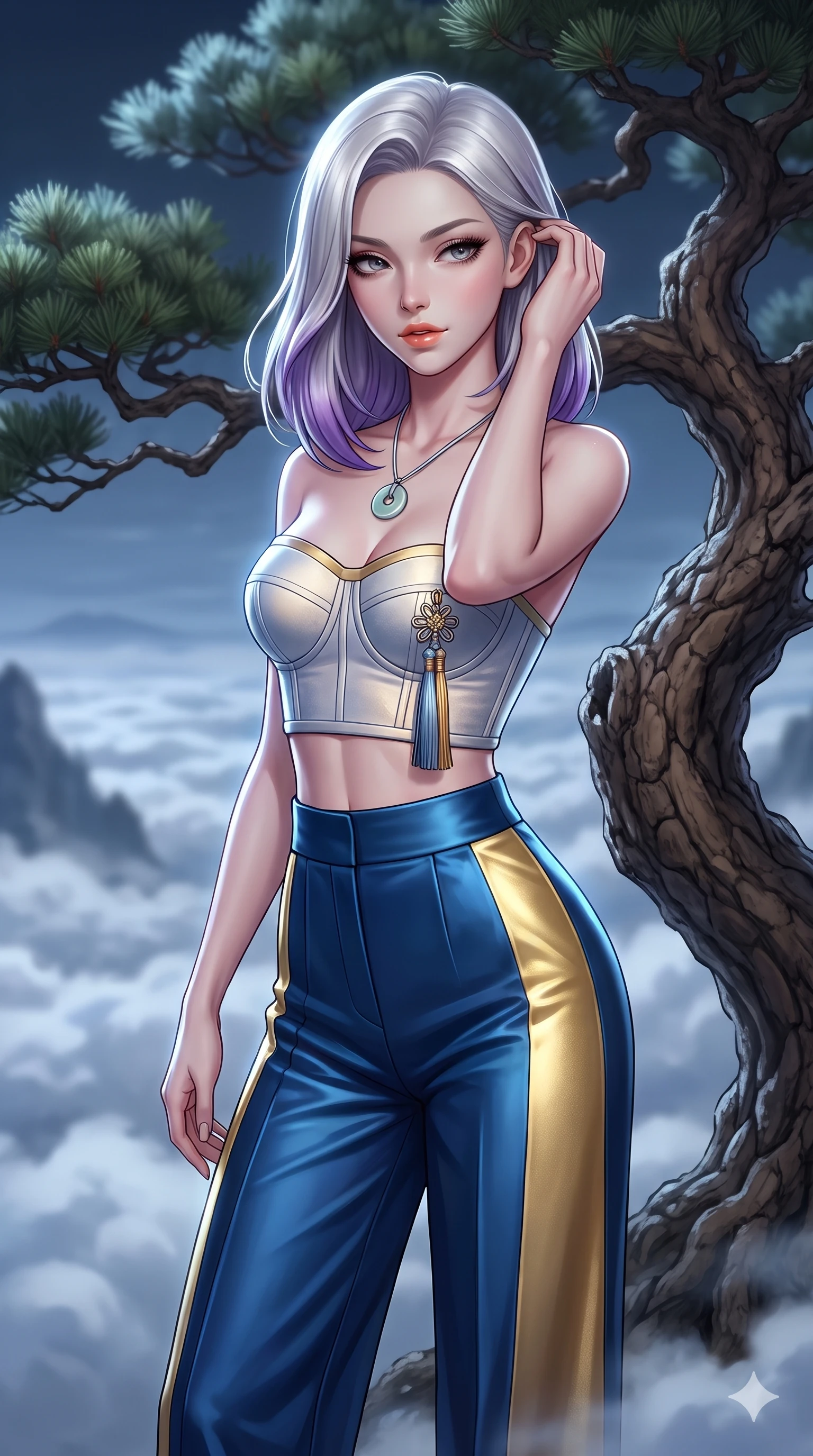 score_9, masterpiece, best quality, ultra-detailed, high-budget anime keyframe, semi-realistic 3D game render, editorial fashion photography, tasteful artistic composition, Caucasian woman. close-up cowboy shot from the waist and thighs up, the character dominates the composition, filling the frame with her large presence. gently brushing a lock of silk hair behind her ear while casting a playful, flirtatious side-gaze with long eyelashes while twisting her slender torso in an alluring S-curve beside the gnarled thousand-year bonsai pine, moonlit clouds drifting below her feet. The background shows a soft-focus mountain summit sanctuary softened in high-altitude landscape shallow focus. She has an exceptionally elegant, slender, and willowy female figure with an ultra-slim waist, flat toned midriff, narrow ribcage, and sculpted feminine hips creating an alluring, slim hourglass silhouette without bulk. sharp v-shaped jawline, high-bridge nose, sparkling eyes with hypnotic seductive depth, thick curled eyelashes, glossy parted lips with a natural dewy peach sheen, alluring bedroom-eyes with an enchanting coquettish smile, exuding magnetic siren charisma and sophisticated glamour, flawlessly proportioned anatomical accuracy, strict slender model proportions, natural body alignment, perfectly sculpted long slender limbs, ultra-slim waistline, clean dynamic posture without body distortion. wearing a modern strapless boned hanbok bustier with traditional norigae tassel accents paired with high-waisted wide-leg silk trousers in deep ocean cobalt and shimmering gold leaf, tailored from smooth liquid silk satin with a natural dewy moonlight sheen, finished with a minimalist celadon porcelain pendant on a fine silk cord, the form-contouring silhouette accentuating her sculpted flat midriff, narrow delicate ribcage, and gracefully curvy hips with intoxicating allure. illuminated by cloud sea upward bounce and sharp silver-topaz rim lights defining her razor-sharp jawline, narrow waist, and curvy hips. highly saturated vibrant anime colors, detailed shading with soft gradients, rich glossy textures, high-contrast stereoscopic depth, volumetric dynamic lighting, master piece, 9:16 ratio