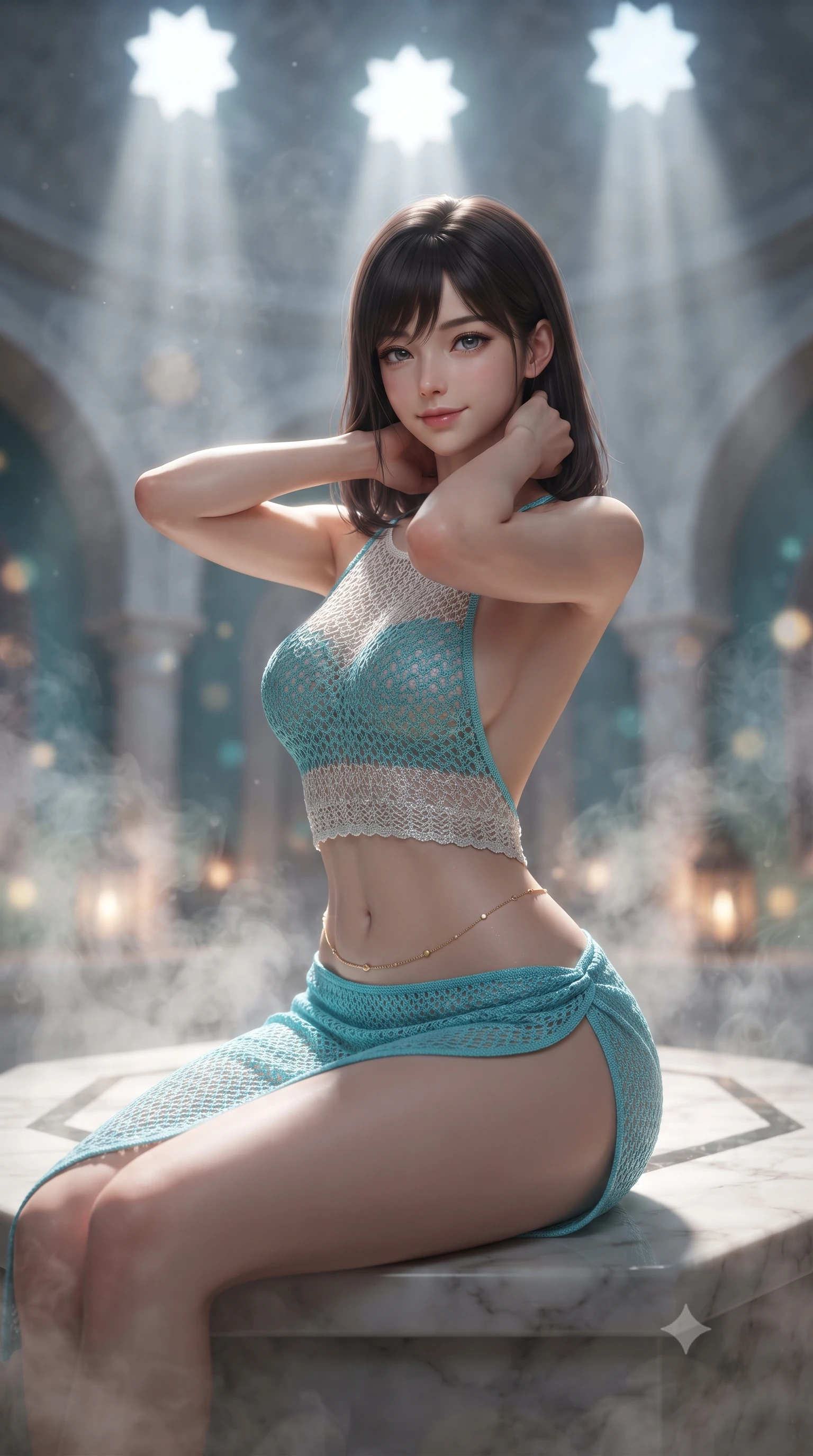 score_9, masterpiece, best quality, ultra-detailed, high-budget anime keyframe, editorial fashion photography, tasteful artistic composition, Korean woman. close-up cowboy shot from the waist and thighs up, the character dominates the composition, filling the frame with her large presence. resting both hands lightly behind her neck with elbows raised, arching her spine to highlight her narrow waist, flat midriff, and breathtaking collarbones while sitting poised on the heated central hexagonal marble massage slab, arching her spine with wet-look siren grace amid billowing aromatic eucalyptus steam. The background shows a soft-focus billowing eucalyptus steam clouds, pierced star-shaped glass openings in domed ceiling casting beams of light, and vaulted arches blurred into pearl, turquoise, and amber bokeh. She has an exceptionally elegant, slender, and willowy female figure with an ultra-slim waist, flat toned midriff, narrow ribcage, and sculpted feminine hips creating an alluring, slim hourglass silhouette without bulk. sharp v-shaped jawline, high-bridge nose, sparkling eyes with hypnotic seductive depth, thick curled eyelashes, glossy parted lips with a natural dewy peach sheen, alluring bedroom-eyes with an enchanting coquettish smile, exuding magnetic siren charisma and sophisticated glamour, flawlessly proportioned anatomical accuracy, strict slender model proportions, natural body alignment, perfectly sculpted long slender limbs, ultra-slim waistline, clean dynamic posture without body distortion. wearing a slinky crochet-lace knit resort mini dress with deep open-back scoop revealing her toned spine in Maldives ocean cyan and shimmering pearl white, tailored from fine structural neoprene with crisp architectural edges and smooth contouring, accented with a dainty gold belly chain resting across her flat midriff and curving hips, the high-slit wrap tailoring accentuating her ultra-slim waistline and the enchanting curve of her feminine hips with alluring seductive charm. bathed in ethereal light shafts streaming downward through star-shaped ceiling penetrations combined with warm lantern uplights. ultra-reflective glossy finish, specular highlights, rich textural contrasts, high-contrast stereoscopic depth, volumetric dynamic lighting, 2k, ultra detail, master piece, 9:16 ratio