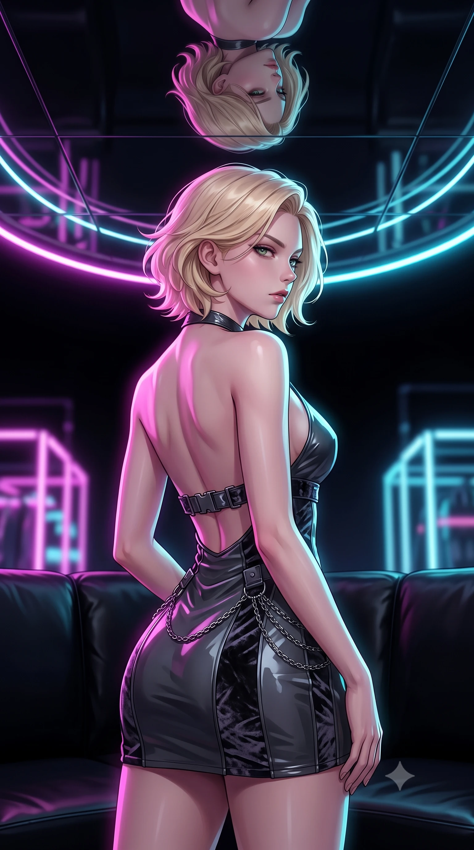 score_9, masterpiece, best quality, ultra-detailed, high-budget anime keyframe, editorial fashion photography, tasteful artistic composition, Caucasian woman. close-up cowboy shot from the waist and thighs up, the character dominates the composition, filling the frame with her large presence, background elements kept in soft focus. Turning her face in sharp dramatic profile against the key light, glancing sidelong over her shoulder with an enigmatic, smoldering expression, mirror ceiling reflecting her statuesque figure and neon arcs in high resolution. She has an exceptionally elegant, slender, and willowy female figure with an ultra-slim waist, a gracefully sculpted slender torso, and a refined silhouette. sharp v-shaped jawline, high-bridge nose, intricate jewel-like eyes with depth, thick eyelashes, glossy lips with a natural sheen. wearing backless liquid vinyl mini slip dress with bare shoulder halter neckline in dark charcoal gray, made of crushed dark silk velvet, framed by dark titanium buckles and silver chain details, sculpting her athletic slender build with refined precision. illuminated by vibrant magenta and cyan neon rim light against pitch-black leather. highly saturated vibrant anime colors, detailed shading with soft gradients, rich glossy textures, high-contrast stereoscopic depth, volumetric dynamic lighting, master piece, 9:16 ratio