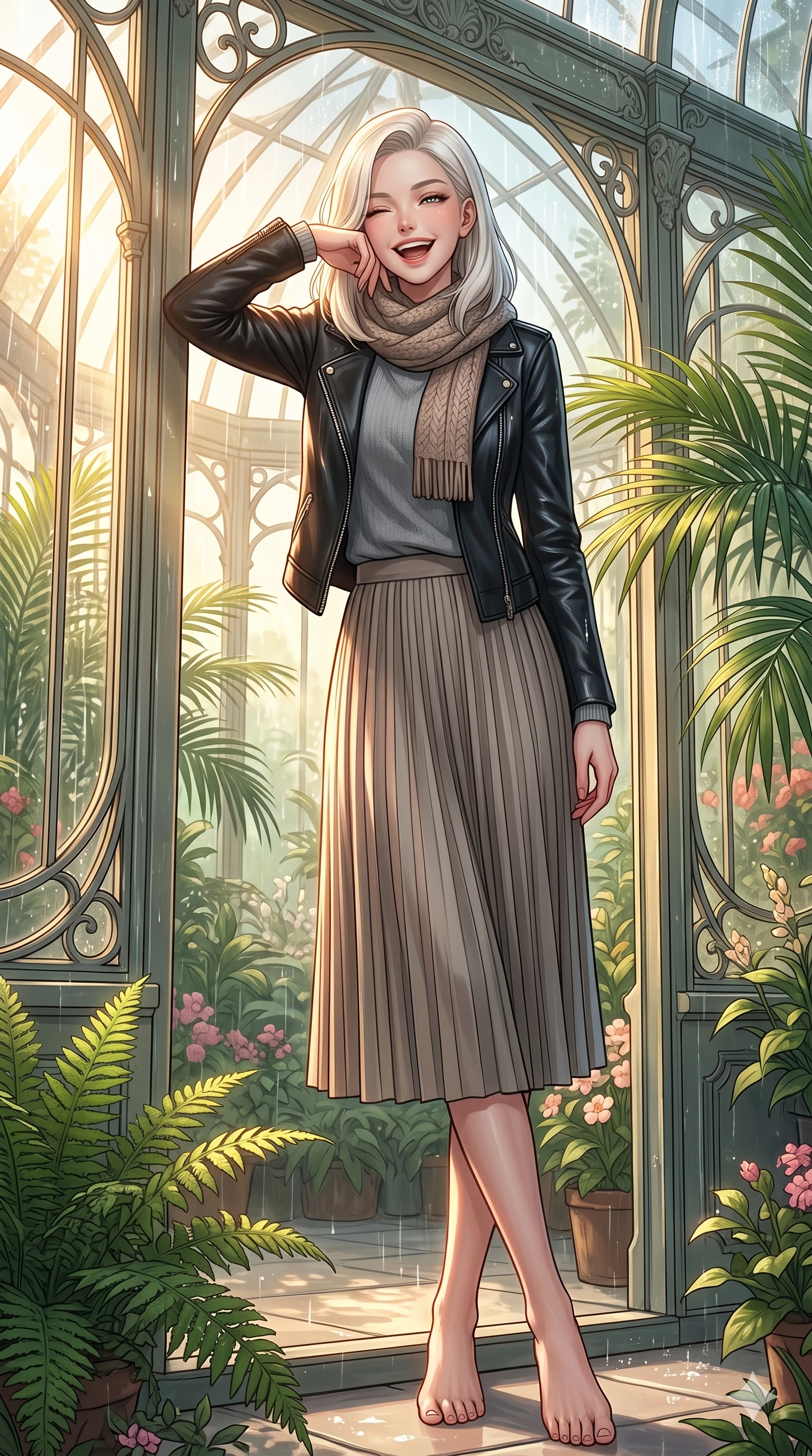 score_9, masterpiece, best quality, ultra-detailed, high-budget anime keyframe, vibrant anime aesthetic, Caucasian woman, strictly human ears. low angle full-body shot from head to toe showing her feet, filling the entire 9:16 vertical frame with her statuesque presence, stretching her vertical silhouette. She is leaning against a greenhouse frame, winking and laughing happily, her eyes glowing with lively energy with a gentle tilt of her head. inside an elegant art-nouveau conservatory filled with lush ferns, under a sun shower with volumetric light beams (Code-P22-004). She has an absolutely perfect 8-heads proportion, an exceptionally tall and slender female figure with impossibly long slender legs and an ultra-slim waist. V-shaped jawline, high-bridge nose, intricate jewel-like eyes with depth, thick eyelashes, glossy lips with a natural sheen. wearing a sleek black leather jacket over a grey crewneck sweater and a pleated midi skirt with a knitted scarf. She is drenched in bright, warm sun showers, casting sharp highlights on the raindrops, creating a warm, inviting, and atmospheric glow in the rainy afternoon. 2k, ultra detail, master piece, 9:16 ratio