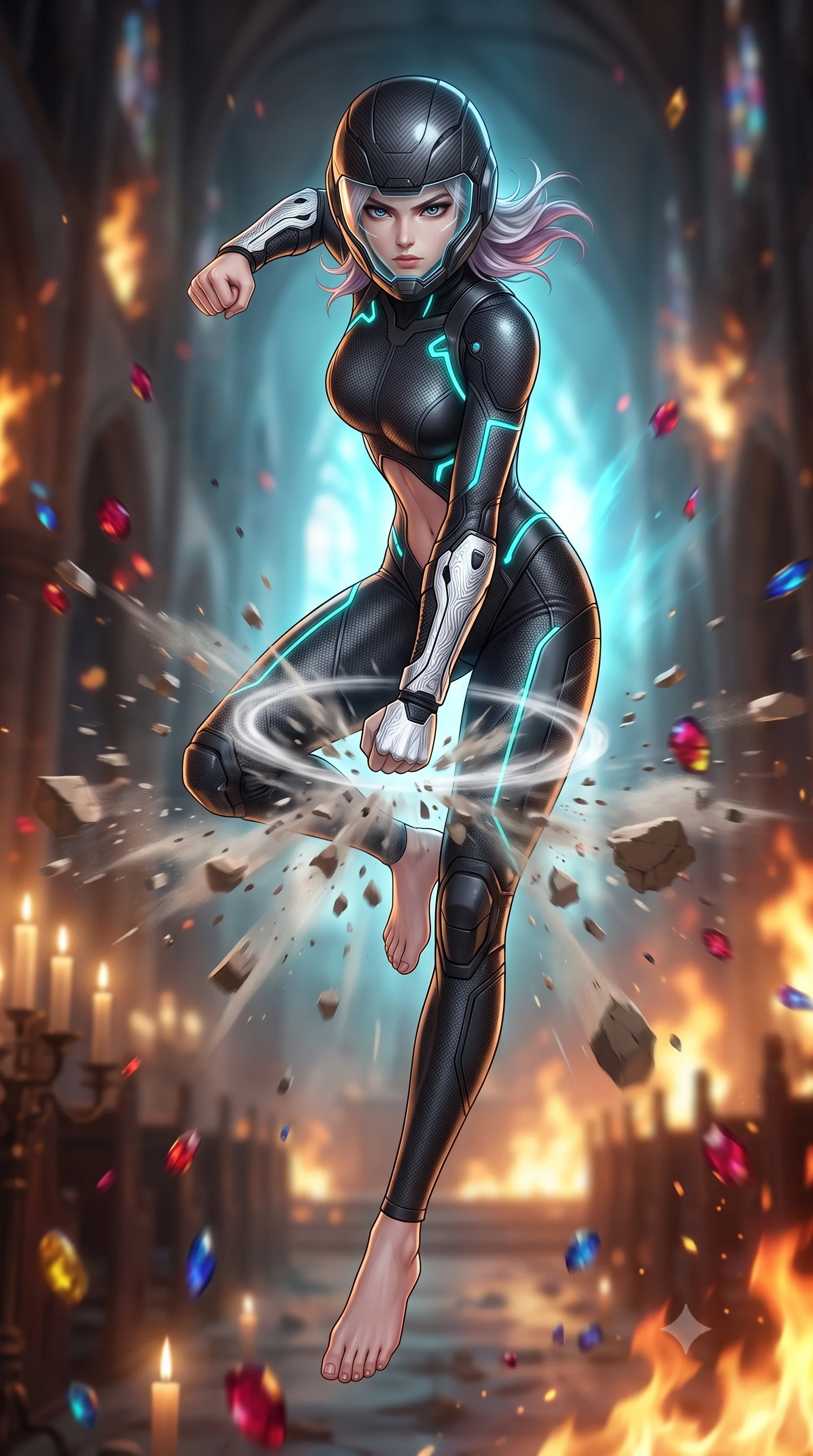 score_9, masterpiece, best quality, ultra-detailed, high-budget anime keyframe, semi-realistic 3D game render, editorial fashion photography, tasteful artistic composition, Caucasian woman. low angle full-body shot from head to toe showing her feet, filling the entire 9:16 vertical frame with her statuesque presence, stretching her vertical silhouette. leaping into mid-air with an athletic yet alluring arch of her spine, driving a downward kinetic strike surrounded by a ring of displaced air while delivering a supersonic kinetic palm strike that shatters falling masonry in a radial blast of air and dust. The composition keeps background elements in soft focus with creamy bokeh. burning cathedral arches and scattered stained-glass jewel fragments blurred into rich ruby, sapphire, and gold bokeh. She has an absolutely perfect, statuesque 8.5-heads proportion, an exceptionally tall and slender model-like female figure with impossibly long slender legs, a toned flat midriff, and an ultra-slim waist. sharp v-shaped jawline, high-bridge nose, intricate jewel-like eyes with depth, thick eyelashes, glossy lips with a natural sheen, fierce and resolute heroine expression, flawlessly proportioned anatomical accuracy, strict slender model proportions, natural body alignment, perfectly sculpted long slender limbs, ultra-slim waistline, clean dynamic posture without body distortion. wearing an open-face aerodynamic carbon-fiber combat helmet with a retracted transparent holographic HUD visor framing her sharp jawline and jewel-like eyes, paired with a skin-tight dark carbon-weave combat bodysuit with glowing neon energy conduits and reinforced Damascus-pattern forearm strike guards in monochrome white enamel carbon with high-contrast black tactical panels, crafted from semi-translucent cybernetic carbon-vinyl interwoven with glowing micro-filaments, featuring a sleek aerodynamic collar framed by subtle glowing cybernetic status LEDs, the precision-cut daring openings accentuating her delicate midriff, graceful bare collarbones, and ultra-slim feminine waistline. bathed in flickering candlelight and blazing fires with cool cyan kinetic energy backlighting. rich saturated anime colors with glowing neon highlights, detailed shading with soft gradients, rich glossy textures, high-contrast stereoscopic depth, volumetric dynamic lighting, master piece, 9:16 ratio