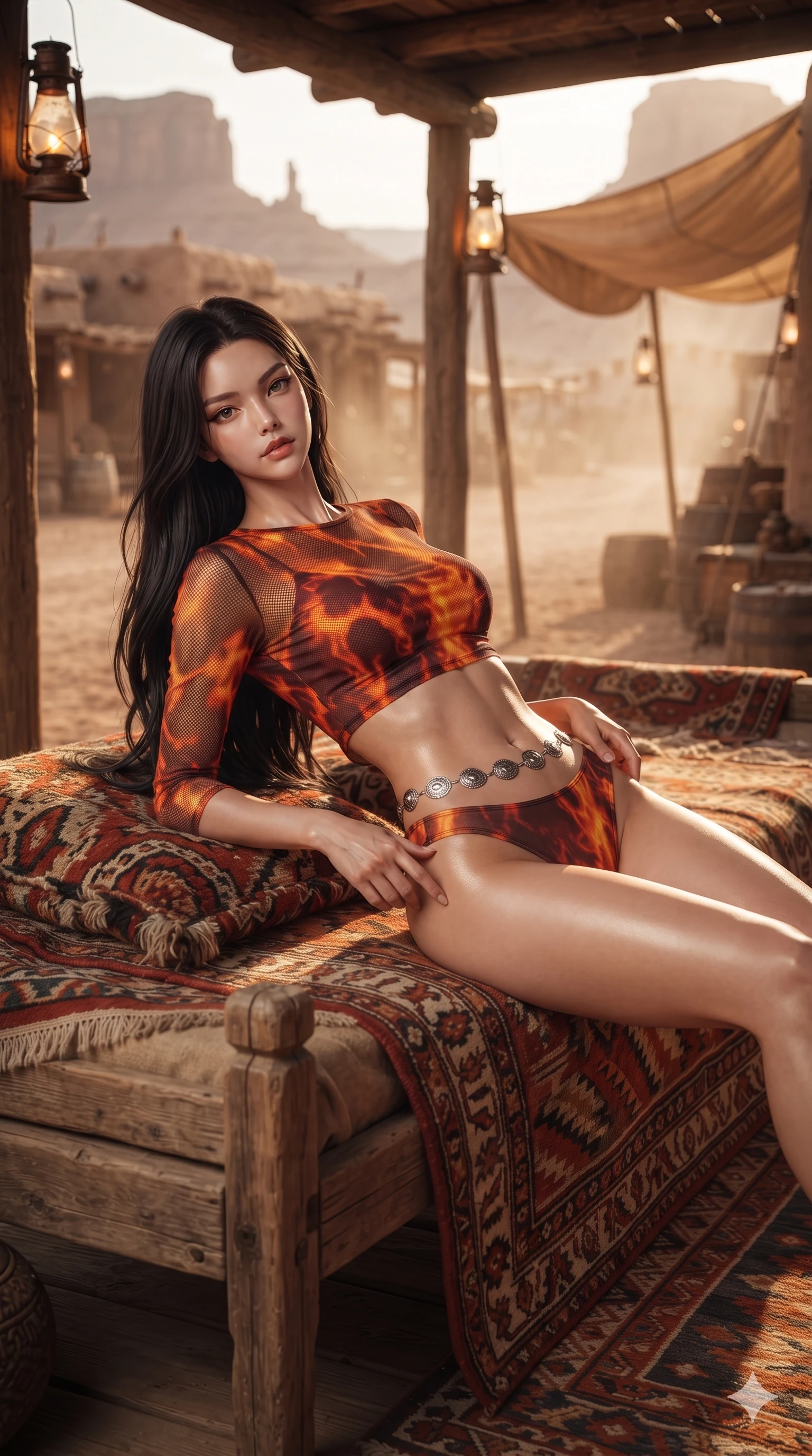 score_9, masterpiece, best quality, ultra-detailed, high-budget anime keyframe, editorial fashion photography, tasteful artistic composition, Korean woman. close-up cowboy shot from the waist and thighs up, the character dominates the composition, filling the frame with her large presence. arching her spine backward with effortless dancer poise, one hand sliding along her hip line as directional light carves specular highlights along her silhouette while lounging across a low wooden daybed draped with Moroccan kilim rugs on the timber veranda, her flat midriff and long slender legs bathed in lantern glow. The background shows a soft-focus vintage desert outpost atmosphere softened in canvas veranda shallow focus. She has an exceptionally elegant, slender, and willowy female figure with an ultra-slim waist, flat toned midriff, narrow ribcage, and sculpted feminine hips creating an alluring, slim hourglass silhouette without bulk. sharp v-shaped jawline, high-bridge nose, sparkling eyes with hypnotic seductive depth, thick curled eyelashes, glossy parted lips with a natural dewy peach sheen, alluring bedroom-eyes with an enchanting coquettish smile, exuding magnetic siren charisma and sophisticated glamour, flawlessly proportioned anatomical accuracy, strict slender model proportions, natural body alignment, perfectly sculpted long slender limbs, ultra-slim waistline, clean dynamic posture without body distortion. wearing a translucent iridescent mesh swim crop top paired with high-cut string bikini bottoms and leather thigh holsters in blazing desert sunset orange and deep canyon crimson, adorned with laser-cut diamond side panels revealing teasing glimpses of bare skin, accented with a silver concho belly chain resting across her flat midriff and curving hips, the precision-cut side openings and low-back scoop framing her graceful spine and the sensual sweep of her slim, toned hips. illuminated by timber deck bounce and sharp amber-bronze rim lights defining her razor-sharp jawline, narrow waist, and curvy hips. ultra-reflective glossy finish, specular highlights, rich textural contrasts, high-contrast stereoscopic depth, volumetric dynamic lighting, 2k, ultra detail, master piece, 9:16 ratio