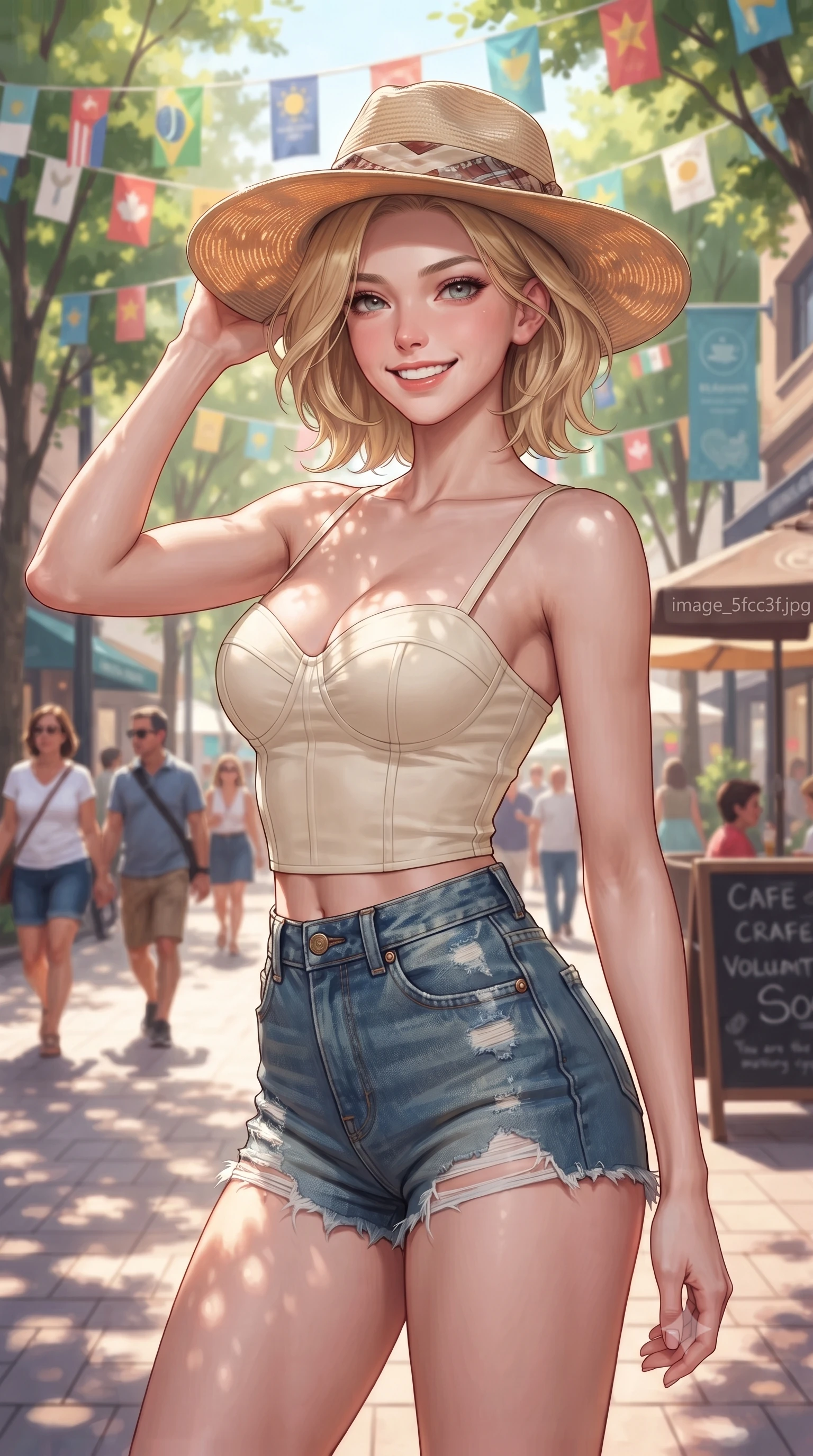 score_9, masterpiece, best quality, ultra-detailed, high-budget anime keyframe, editorial fashion photography, tasteful artistic composition, Caucasian woman. close-up cowboy shot from the waist and thighs up, the character dominates the composition, filling the frame with her large presence, background elements kept in soft focus. flashing a sweet yet sultry smile, holding her hand near her shoulder in a poised gesture set against a soft-focus background of walking down a pedestrian shopping boulevard with colorful flags overhead adjusting her stylish hat with a bright, confident smile. She has an exceptionally elegant, slender, and willowy female figure with an ultra-slim waist, a gracefully sculpted slender torso, and a refined silhouette. sharp v-shaped jawline, high-bridge nose, intricate jewel-like eyes with depth, thick eyelashes, glossy lips with a natural sheen. wearing tailored tailored cotton bustier top paired with high-waist denim shorts. dappled sunlight filtering through the street trees, casting soft shadows. highly saturated vibrant anime colors, detailed shading with soft gradients, rich glossy textures, high-contrast stereoscopic depth, volumetric dynamic lighting, master piece, 9:16 ratio