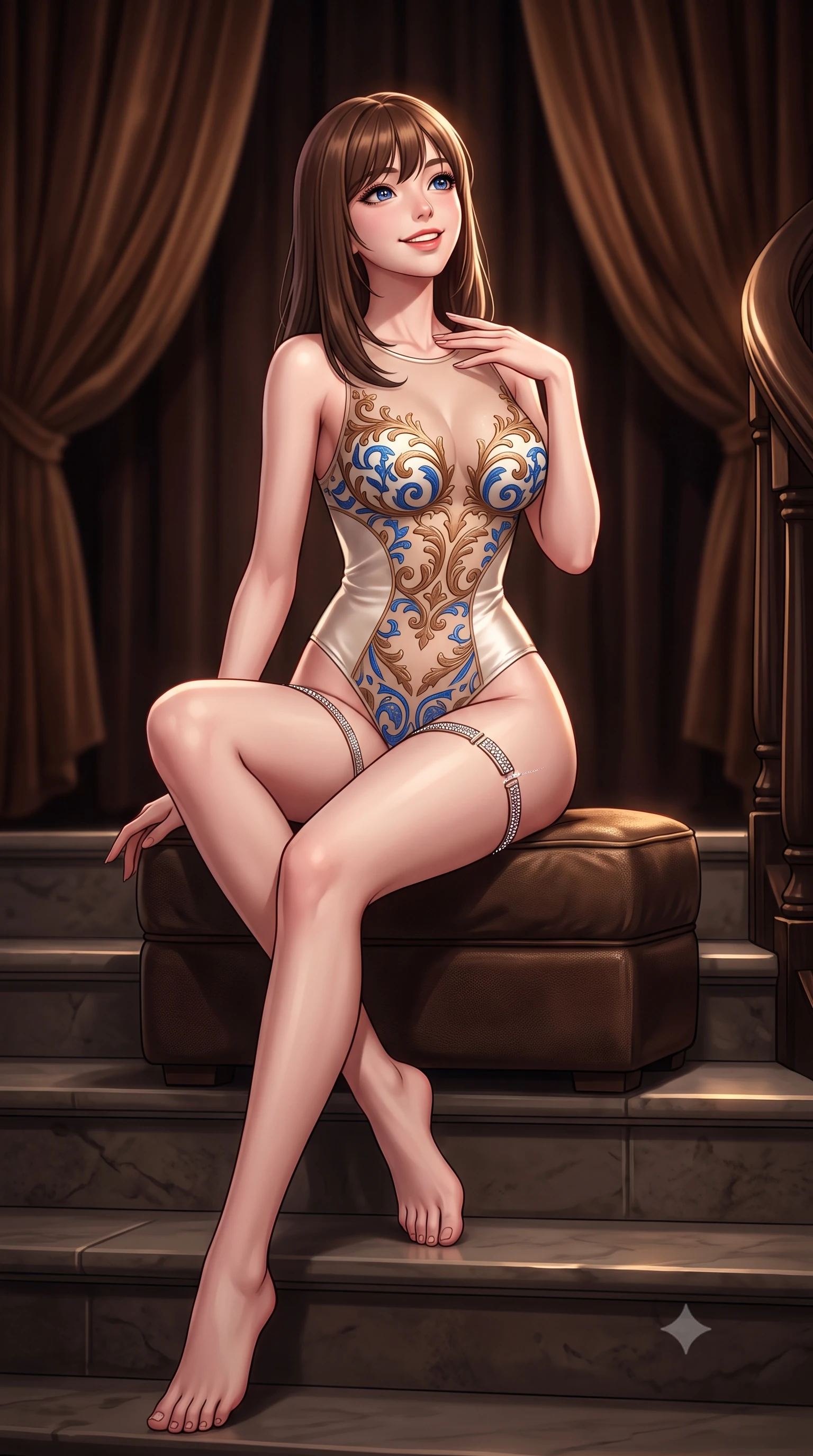 score_9, masterpiece, best quality, ultra-detailed, high-budget anime keyframe, semi-realistic 3D game render, editorial fashion photography, tasteful artistic composition, Korean woman. low angle full-body shot from head to toe showing her feet, filling the entire 9:16 vertical frame with her statuesque presence, stretching her vertical silhouette. sitting poised on the stone steps with one knee bent, arching her spine with supermodel elegance as she glances upward through thick eyelashes while sitting poised on the ottoman with legs crossed, running one manicured hand slowly along her collarbones with effortless aristocratic cool. The background shows a soft-focus flowing velvet portieres softened in gentlemen's club heritage shallow focus. She has an exceptionally tall and slender model-like 8.5-heads proportion, an ultra-slim waist, a flat toned midriff, narrow delicate ribcage, and beautifully sculpted feminine hips creating a graceful, slim hourglass silhouette without any bulky heaviness, with impossibly long slender legs. sharp v-shaped jawline, high-bridge nose, intricate jewel-like sparkling eyes with depth, thick eyelashes, glossy parted lips with a natural peach sheen, bright cheerful beaming smile with an enchanting and coquettish sensual glint, exuding both youthful cute charm and seductive allure, flawlessly proportioned anatomical accuracy, strict slender model proportions, natural body alignment, perfectly sculpted long slender limbs, ultra-slim waistline, clean dynamic posture without body distortion. wearing an ultra-daring sheer illusion tulle bodysuit with liquid bronze arabesque flocking tracing her hourglass contours in Positano lemon blossom ivory and Mediterranean azure, crafted from fluid liquid silk satin that clings smoothly to her narrow waist and rounded hips with a dewy sheen, finished with delicate crystal-encrusted thigh garter straps glinting in the dim light, the glove-like clinging cut tightly following the natural contour of her hips and long slender legs with youthful 8.5-heads elegance. illuminated by dark wood reflection bounce and sharp copper-gold rim lights defining her razor-sharp jawline, narrow waist, and curvy hips. highly saturated vibrant anime colors, detailed shading with soft gradients, rich glossy textures, high-contrast stereoscopic depth, volumetric dynamic lighting, master piece, 9:16 ratio