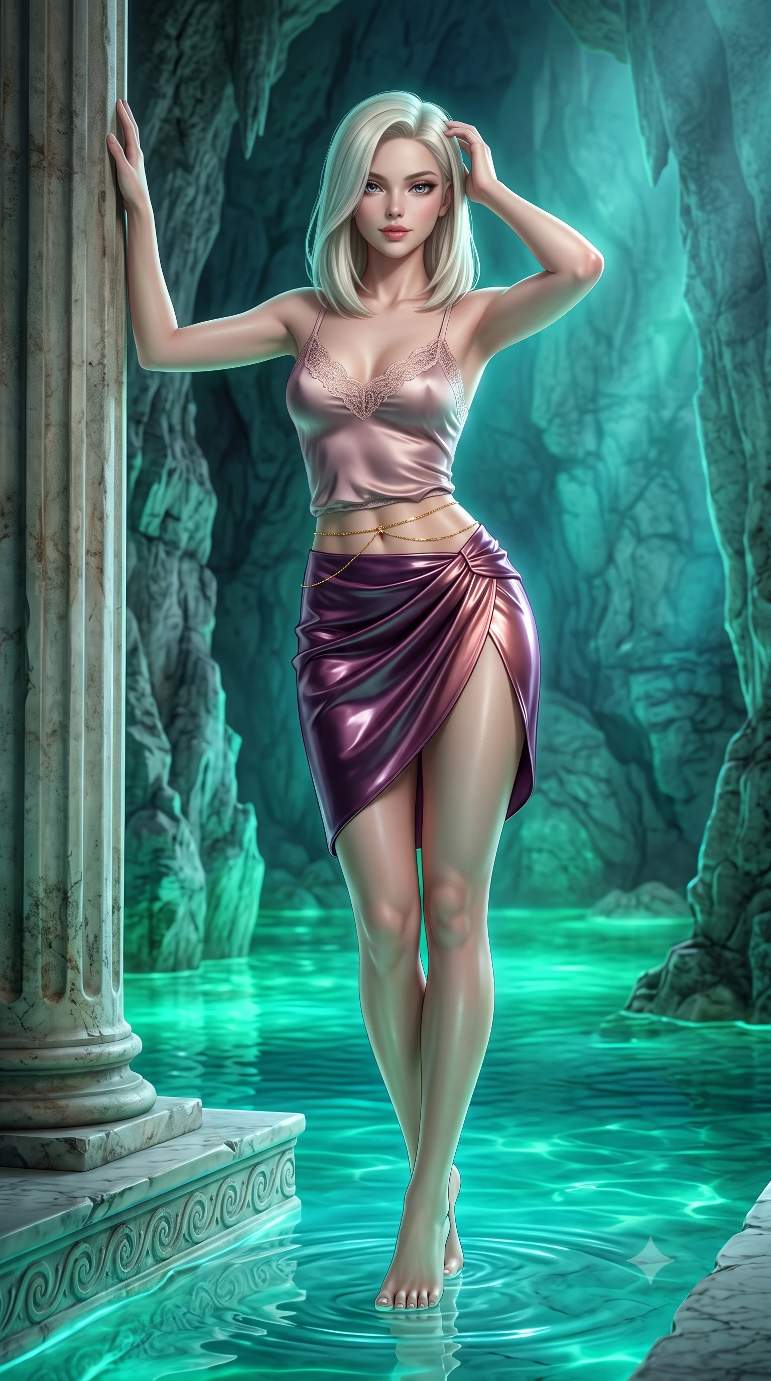 score_9, masterpiece, best quality, ultra-detailed, high-budget anime keyframe, semi-realistic 3D game render, editorial fashion photography, tasteful artistic composition, Caucasian woman. low angle full-body shot from head to toe showing her feet, filling the entire 9:16 vertical frame with her statuesque presence, stretching her vertical silhouette. standing tall beside the architectural column, one hand resting high while arching her lower back to emphasize her sculpted feminine hips and slender waist while lounging in the shallow cave pool propped on one hand, her wet-look silhouette radiating mystical Mediterranean enchantment. The surrounding environment is rendered in vivid detail and crisp panoramic clarity: sharp limestone cave wall textures, water ripple meniscus clarity, and carved marble platform edge in deep focus. She has an absolutely perfect, statuesque 8.5-heads proportion, an exceptionally tall and slender model-like female figure with impossibly long slender legs, an ultra-slim waist, a flat toned midriff, narrow delicate ribcage, and beautifully sculpted feminine hips creating a graceful, slim hourglass silhouette without any bulky heaviness. sharp v-shaped jawline, high-bridge nose, sparkling eyes with hypnotic seductive depth, thick curled eyelashes, glossy parted lips with a natural dewy peach sheen, alluring bedroom-eyes with an enchanting coquettish smile, exuding magnetic siren charisma and sophisticated glamour, flawlessly proportioned anatomical accuracy, strict slender model proportions, natural body alignment, perfectly sculpted long slender limbs, ultra-slim waistline, clean dynamic posture without body distortion. wearing a delicate lace-trimmed silk camisole paired with a draped satin tulip mini skirt with high side slit in deep plum violet and rose gold, crafted from wet-look high-gloss vinyl fabric with dazzling specular surface reflections, accented with a dainty gold belly chain resting across her flat midriff and curving hips, the liquid-tight tailored fabric clinging flawlessly to her narrow waist and rounded feminine hips, emphasizing every millimeter of her sculpted slim hourglass curves without any bulky heaviness. bathed in supernatural glowing emerald and aquamarine light radiating upward from bioluminescent cave waters. highly saturated vibrant anime colors, detailed shading with soft gradients, rich glossy textures, high-contrast stereoscopic depth, volumetric dynamic lighting, master piece, 9:16 ratio