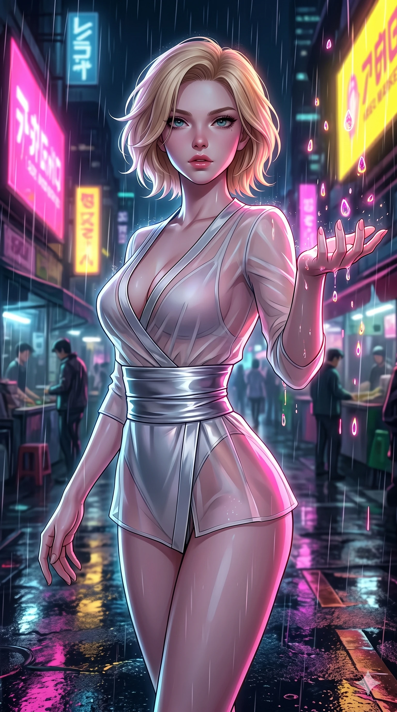 score_9, masterpiece, best quality, ultra-detailed, high-budget anime keyframe, Caucasian woman, strictly human ears. Upper body close-up from the thighs up, character filling the screen for maximum presence. She is turning around sharply in a futuristic night market, with rain reflections on wet asphalt. She reaches out a hand to catch neon-lit rain droplets with an intense, magnetic gaze. She has an absolutely perfect 8-heads proportion, an exceptionally tall and slender female figure with impossibly long slender legs and an ultra-slim waist. V-shaped jawline, high-bridge nose, intricate jewel-like eyes with depth, thick eyelashes, glossy lips with a natural sheen. She is wearing a shortened cyber-fusion wrap top with transparent chiffon panels, a deep crossover neckline, and a high-waisted metallic sash that accentuates her ultra-slim waist. The scene is lit by bright pink and yellow neon billboards and a sharp white key light tracing her silhouette. 2k, ultra detail, master piece, 9:16 ratio