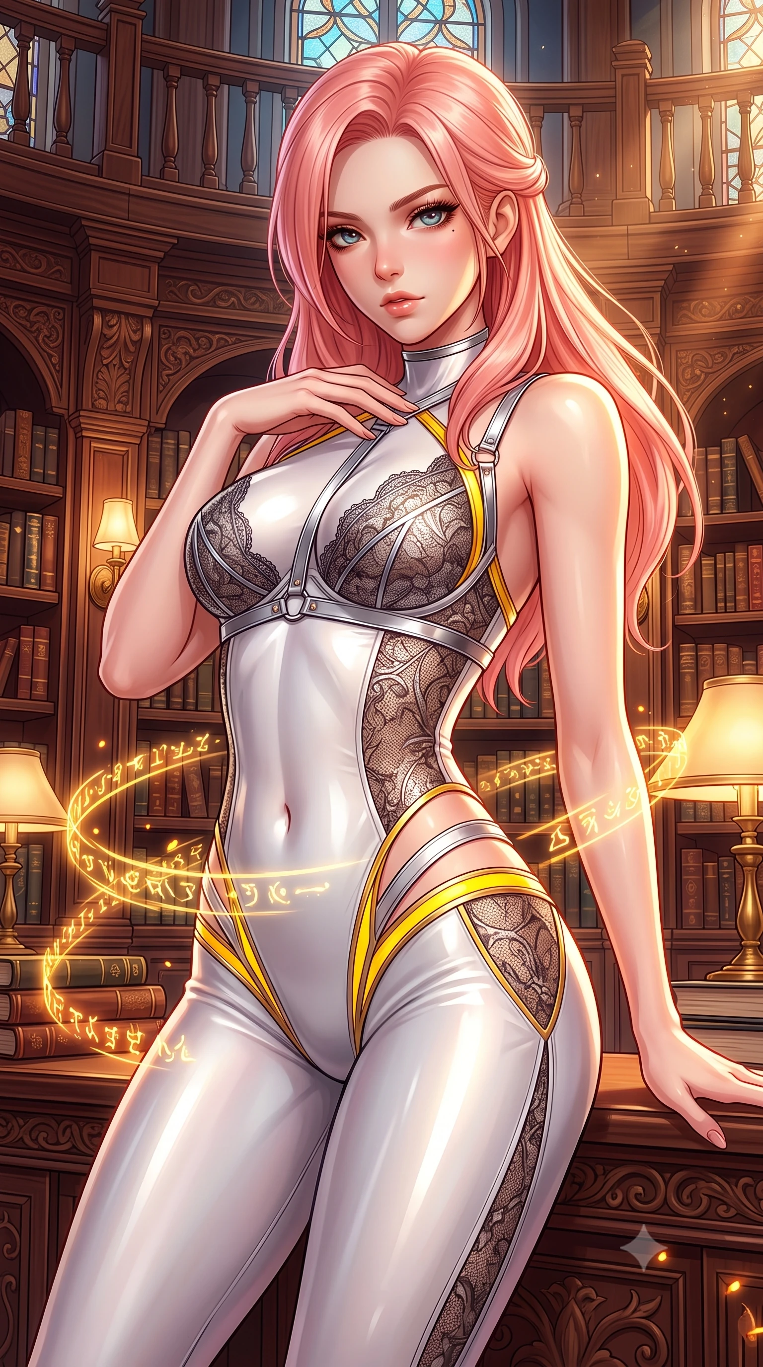 score_9, masterpiece, best quality, ultra-detailed, high-budget anime keyframe, semi-realistic 3D game render, editorial fashion photography, tasteful artistic composition, Japanese woman. close-up cowboy shot from the waist and thighs up, the character dominates the composition, filling the frame with her large presence. leaning forward with a dangerous, enticing smolder, resting one hand near her collarbone while casting a fiery, magnetic direct gaze while pivoting dynamically in a multi-story book rotunda as golden magical glyphs and sunbeams dance around her waist. The surrounding environment is rendered in vivid detail and crisp panoramic clarity. intricate carved mahogany bookcases, brass reading lamps, and stained glass window details in deep focus. She has an exceptionally elegant, slender, and willowy female figure with an ultra-slim waist, a gracefully sculpted slender torso, toned flat midriff, and a refined slim silhouette. sharp v-shaped jawline, high-bridge nose, intricate jewel-like eyes with depth, thick eyelashes, glossy lips with a natural sheen, flawlessly proportioned anatomical accuracy, strict slender model proportions, natural body alignment, perfectly sculpted long slender limbs, ultra-slim waistline, clean dynamic posture without body distortion. wearing a second-skin white liquid-mercury micro-bodysuit sculpted tightly to her slender build, featuring razor-thin metallic straps and hip cutouts in vibrant sunburst canary yellow and gold trim, crafted from delicate dark lace interwoven with luminescent micro-fibers, reinforced by a sleek metallic chrome harness and delicate glowing micro-straps, the form-contouring material adhering flawlessly to her sculpted flat midriff and slender torso, emphasizing her long leg lines and perfectly proportioned willowy build. illuminated by warm glowing amber manuscript glyphs and rich mahogany refractions. highly saturated vibrant anime colors, detailed shading with soft gradients, rich glossy textures, high-contrast stereoscopic depth, volumetric dynamic lighting, master piece, 9:16 ratio