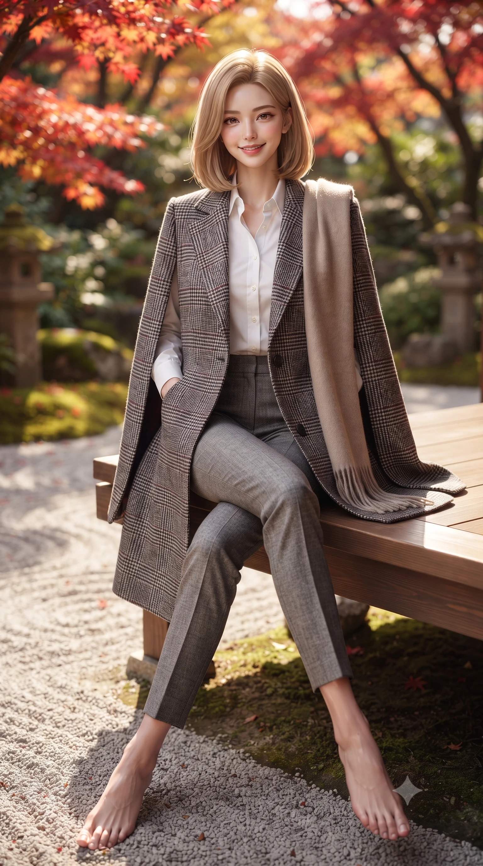 score_9, masterpiece, best quality, ultra-detailed, high-budget anime keyframe, editorial fashion photography, tasteful artistic composition, Korean woman. low angle full-body shot from head to toe showing her feet, filling the entire 9:16 vertical frame with her statuesque presence, stretching her vertical silhouette. standing tall and centered in the frame with hands tucked into her coat pockets, radiating statuesque poise and calm warmth while sitting gracefully on the polished cypress wood engawa veranda, legs turned demurely to the side, smiling with gentle Kyoto serenity. The background shows a soft-focus vibrant crimson and vermilion Japanese maple leaves, raked white gravel zen patterns, and mossy stone lanterns blurred into scarlet, amber, and moss green bokeh. She has an exceptionally tall and slender model-like 8.5-heads proportion, an ultra-slim waist, a flat toned midriff, narrow delicate ribcage, and beautifully sculpted feminine hips creating a graceful, slim hourglass silhouette without any bulky heaviness, with impossibly long slender legs. sharp v-shaped jawline, high-bridge nose, intricate jewel-like sparkling eyes with depth, thick eyelashes, glossy parted lips with a natural peach sheen, bright cheerful beaming smile with an enchanting and coquettish sensual glint, exuding both youthful cute charm and seductive allure, flawlessly proportioned anatomical accuracy, strict slender model proportions, natural body alignment, perfectly sculpted long slender limbs, ultra-slim waistline, clean dynamic posture without body distortion. wearing an elegant tailored cape coat in brushed wool worn over a crisp white cotton shirt and tailored cigarette pants in classic glen plaid monochrome with subtle wine red accent, tailored from heritage British Harris Tweed with rich multi-tonal yarn weave, accented with a wide brushed cashmere fringe scarf draped elegantly over one shoulder, the precision-cut high-waisted tailoring accentuating her ultra-slim waist and long slender leg line with immaculate aristocratic poise. bathed in filtered golden autumn sunlight dappled through brilliant red and orange maple foliage. ultra-reflective glossy finish, specular highlights, rich textural contrasts, high-contrast stereoscopic depth, volumetric dynamic lighting, 2k, ultra detail, master piece, 9:16 ratio