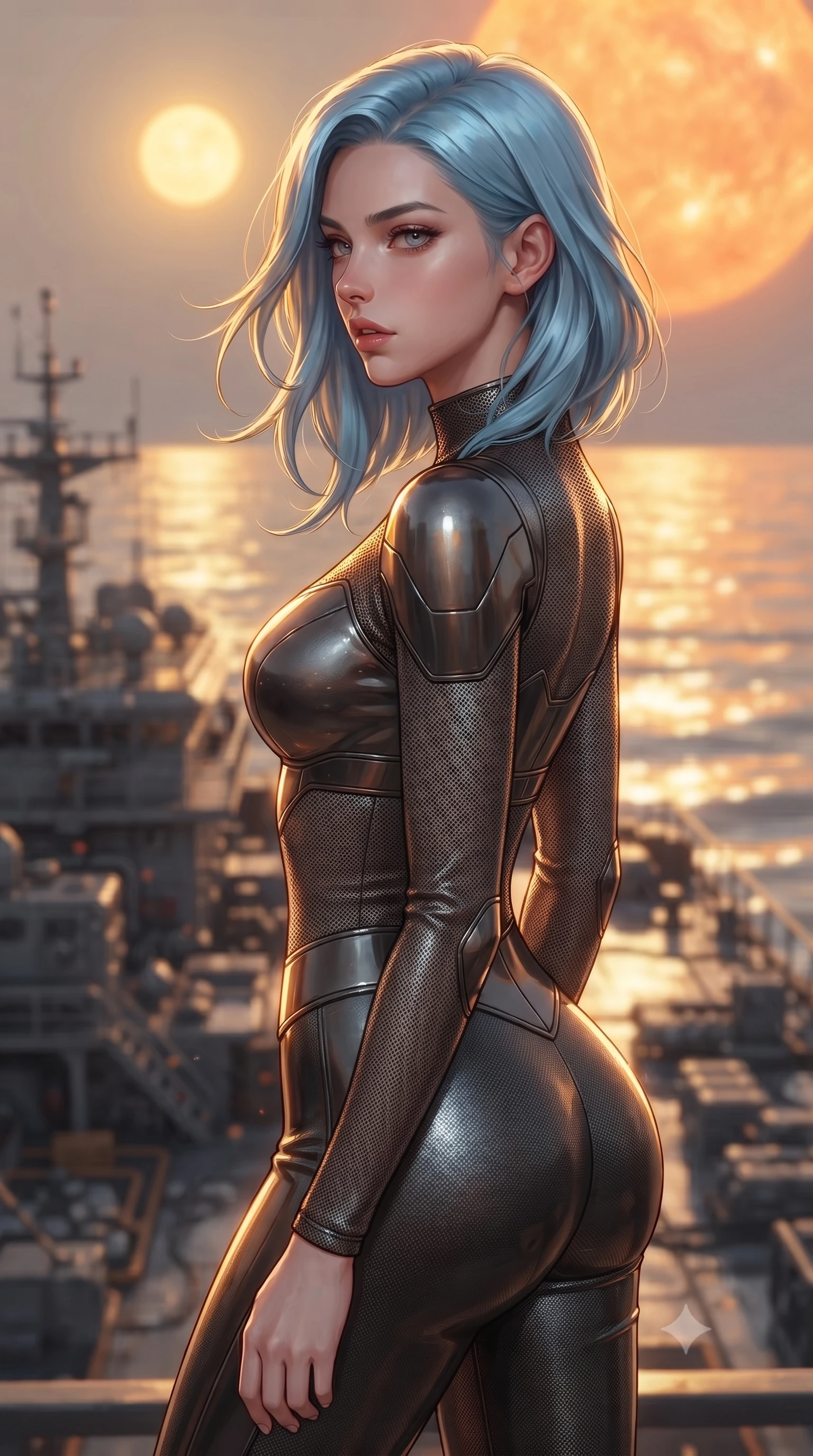 score_9, masterpiece, best quality, ultra-detailed, high-budget anime keyframe, editorial fashion photography, tasteful artistic composition, Korean woman. close-up cowboy shot from the waist and thighs up, the character dominates the composition, filling the frame with her large presence, background elements kept in soft focus. turning her face in profile to look over her shoulder, casting a smoldering side gaze with lips slightly parted, the background shows a soft-focus a research vessel deck docked in a bay of liquid mercury under a binary sun. She has an exceptionally elegant, slender, and willowy female figure with an ultra-slim waist, a gracefully sculpted slender torso, and a refined silhouette. sharp v-shaped jawline, high-bridge nose, intricate jewel-like eyes with depth, thick eyelashes, glossy lips with a natural sheen. wearing a slim-fit body-hugging carbon-mesh mock-neck top paired with tight-fitting carbon-fiber leggings. brilliant golden hour sunset tracing her carbon-armor silhouette with a gold rim. ultra-reflective glossy finish, specular highlights, metallic sheen, high-contrast stereoscopic depth, volumetric dynamic lighting, 2k, ultra detail, master piece, 9:16 ratio