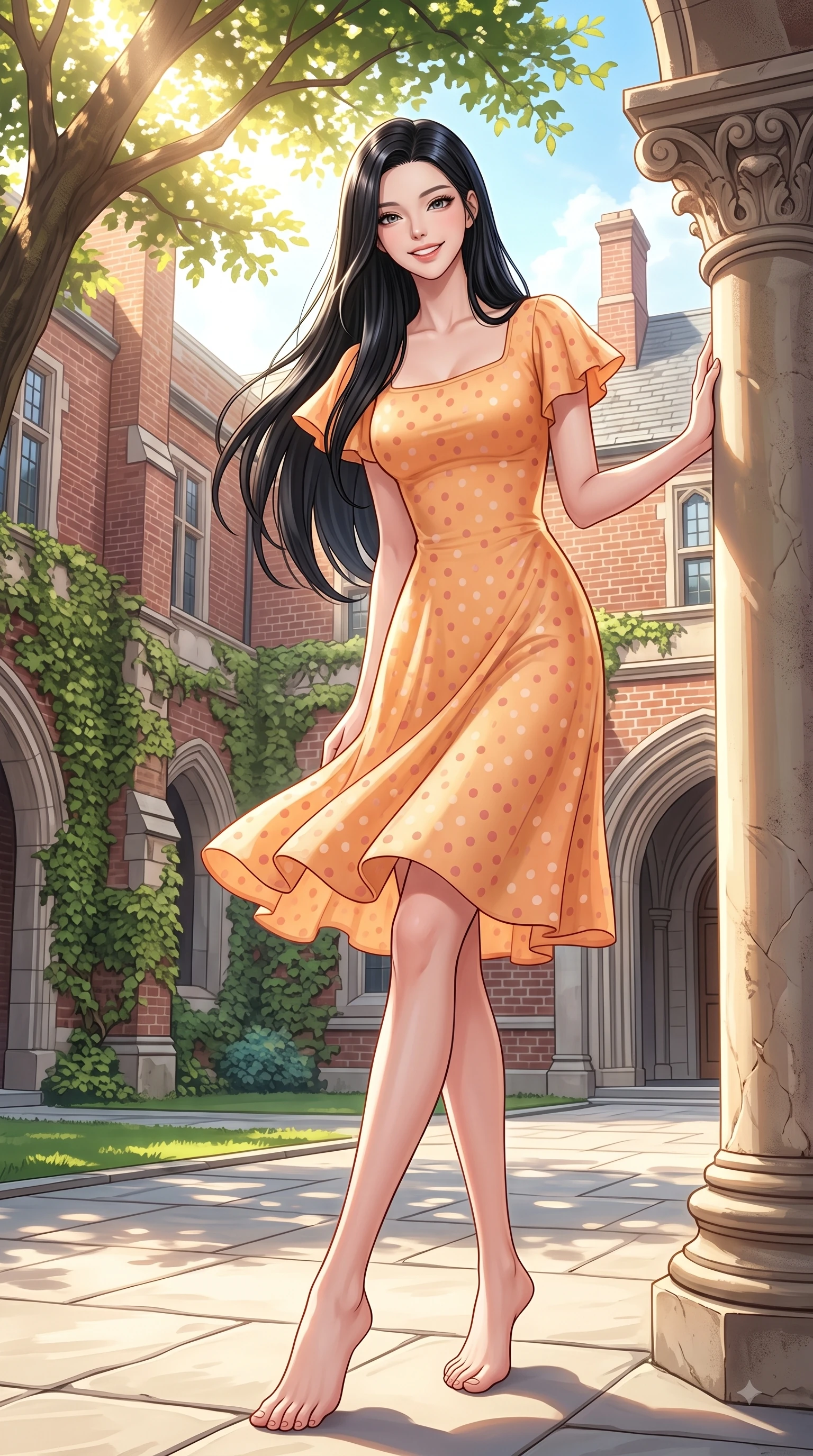 score_9, masterpiece, best quality, ultra-detailed, high-budget anime keyframe, editorial fashion photography, tasteful artistic composition, Korean woman. low angle full-body shot from head to toe showing her feet, filling the entire 9:16 vertical frame with her statuesque presence, stretching her vertical silhouette. pivoting dynamically with a fresh infectious smile, her ultra-slim waist creating a sweeping fluid curve while leaning against an antique stone column in a sun-drenched university quadrangle with a sweet grin. The surrounding environment is rendered in vivid detail and crisp panoramic clarity. classic red-brick campus architecture, ivy-covered stone walls, and grand archways in crisp detail. She has an absolutely perfect, statuesque 8.5-heads proportion, an exceptionally tall and slender model-like female figure with impossibly long slender legs and an ultra-slim waist. sharp v-shaped jawline, high-bridge nose, intricate jewel-like eyes with depth, thick eyelashes, glossy lips with a natural sheen, flawlessly proportioned anatomical accuracy, natural body alignment, perfectly sculpted elegant limbs, clean dynamic posture without body distortion. wearing a bright apricot ruffled sundress with a subtle polka-dot pattern in peach blossom pink and warm oatmeal, knitted from soft cozy cashmere yarn, featuring elegant flutter sleeves and a graceful square neckline, the breezy lightweight fabric fluttering softly against her delicate frame. bathed in brilliant sunny morning light filtering through tree canopies. highly saturated vibrant anime colors, detailed shading with soft gradients, rich glossy textures, high-contrast stereoscopic depth, volumetric dynamic lighting, master piece, 9:16 ratio