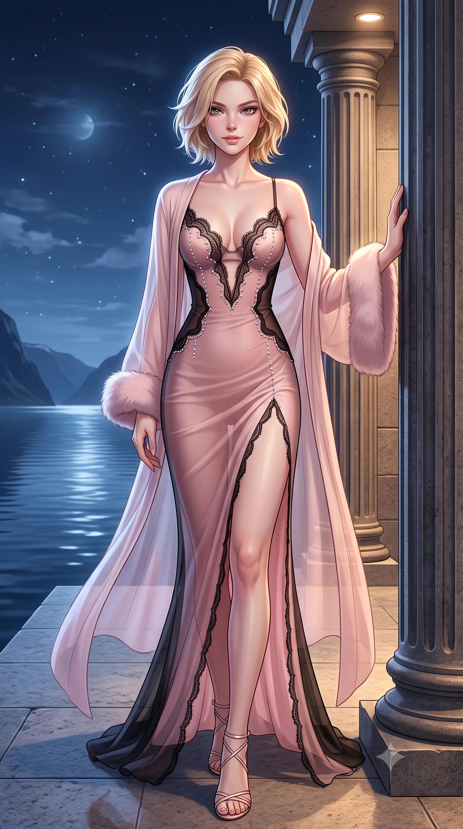 score_9, masterpiece, best quality, ultra-detailed, high-budget anime keyframe, semi-realistic 3D game render, editorial fashion photography, tasteful artistic composition, Caucasian woman. low angle full-body shot from head to toe showing her feet, filling the entire 9:16 vertical frame with her statuesque presence, stretching her vertical silhouette. stepping slowly toward the camera with hypnotic grace, hips swaying in an alluring sensual rhythm that accentuates her curvy hourglass silhouette and long slender legs while leaning against the fluted basalt column with hips cocked back, casting an intoxicating smoldering bedroom-gaze over the still fjord waters. The surrounding environment is rendered in vivid detail and crisp panoramic clarity: detailed translucent cashmere-gauze boudoir robe with faux-fur cuffs, strappy lace bralette cling, and alpine engineering in razor-sharp precision. She has an exceptionally tall and slender model-like 8.5-heads proportion, an ultra-slim waist, a flat toned midriff, narrow delicate ribcage, and beautifully sculpted feminine hips creating a graceful, slim hourglass silhouette without any bulky heaviness, with impossibly long slender legs. sharp v-shaped jawline, high-bridge nose, intricate jewel-like sparkling eyes with depth, thick eyelashes, glossy parted lips with a natural peach sheen, bright cheerful beaming smile with an enchanting and coquettish sensual glint, exuding both youthful cute charm and seductive allure, flawlessly proportioned anatomical accuracy, strict slender model proportions, natural body alignment, perfectly sculpted long slender limbs, ultra-slim waistline, clean dynamic posture without body distortion. wearing a plunge-front sheer mesh cocktail gown with delicate crystal beading and an ultra-daring hip-high leg slit in Kyoto moonlit sakura blush and polished urushi black, woven from fine semi-opaque stretch illusion mesh tracing her slender contours, finished with scalloped eyelash lace trim framing her sweetheart neckline with intimate elegance, the liquid-tight tailored fabric clinging flawlessly to her narrow waist and rounded feminine hips, emphasizing every millimeter of her sculpted slim hourglass curves without any bulky heaviness. bathed in cool moonlight and starlight balanced with warm 2700K architectural recessed ledge downlights. highly saturated vibrant anime colors, detailed shading with soft gradients, rich glossy textures, high-contrast stereoscopic depth, volumetric dynamic lighting, master piece, 9:16 ratio