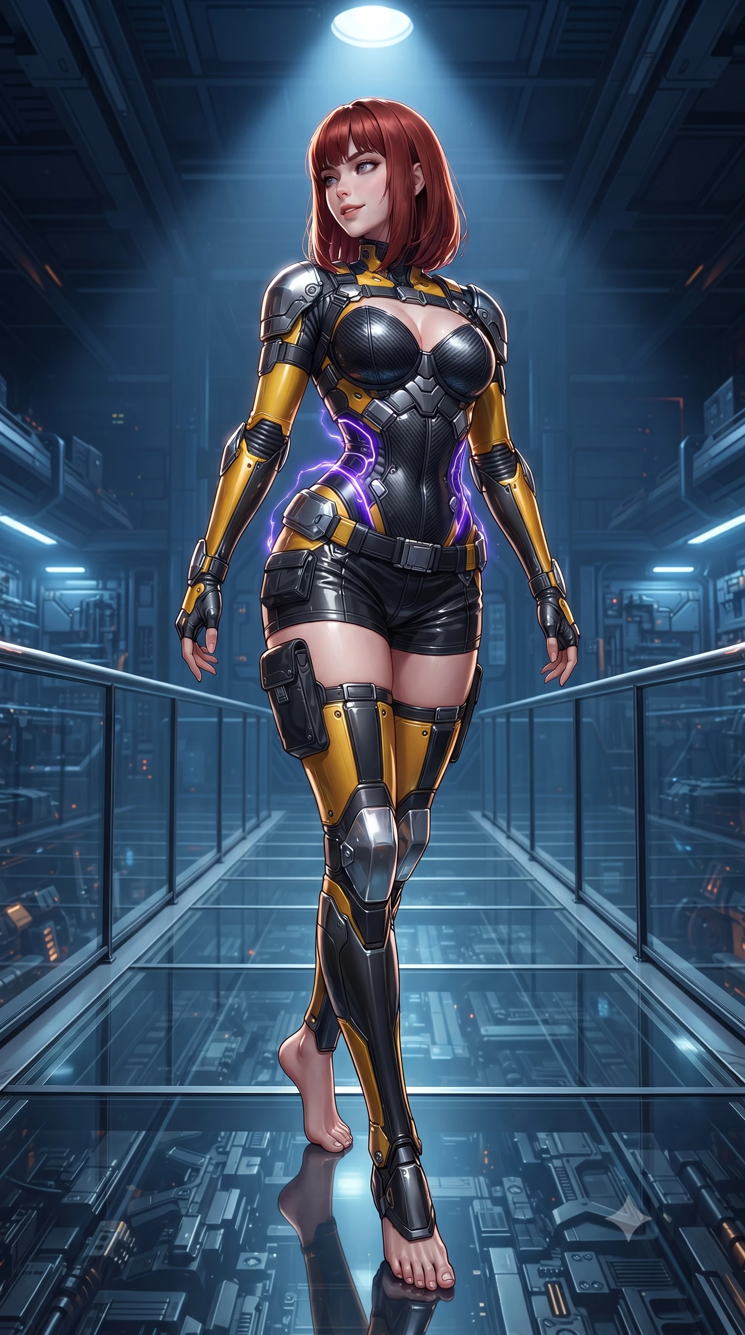 score_9, masterpiece, best quality, ultra-detailed, high-budget anime keyframe, editorial fashion photography, tasteful artistic composition, Caucasian woman. low angle full-body shot from head to toe showing her feet, filling the entire 9:16 vertical frame with her statuesque presence, stretching her vertical silhouette. walking slowly along the transparent glass skybridge, looking back over her shoulder with an air of effortless grace and an alluring, smoldering smile while twisting her slender torso in an alluring S-curve amidst charging plasma cells, electric violet energy tracing her narrow waist and curvy hips. The surrounding environment is rendered in vivid detail and crisp panoramic clarity: detailed tactical harness weave, weapon metallic sheen, and high-tech military armory architecture in high clarity. She has an absolutely perfect, statuesque 8.5-heads proportion, an exceptionally tall and slender model-like female figure with impossibly long slender legs, an ultra-slim waist, a flat toned midriff, narrow delicate ribcage, and beautifully sculpted feminine hips creating a graceful, slim hourglass silhouette without any bulky heaviness. sharp v-shaped jawline, high-bridge nose, intricate jewel-like sparkling eyes with depth, thick eyelashes, glossy parted lips with a natural sheen, bright confident smile with an enchanting and coquettish sensual glint, exuding both youthful magnetic charm and sovereign high-tech allure, flawlessly proportioned anatomical accuracy, strict slender model proportions, natural body alignment, perfectly sculpted long slender limbs, ultra-slim waistline, clean dynamic posture without body distortion. wearing a sculpted carbon-fiber bustier armor top paired with ultra-tight tactical cargo shorts and thigh-high armored boots in industrial hazard yellow and matte carbon black, tailored from ultra-reflective glossy liquid vinyl with mirror-like specular highlights, accented with strategically placed chrome armor plate guards covering key curves, the aerodynamic second-skin silhouette tightly following the natural contour of her hips and long slender legs with youthful 8.5-heads elegance. illuminated by focused overhead spotlighting and sharp amber rim lights defining her slim torso, narrow waist, and curvy hips. ultra-reflective glossy finish, specular highlights, rich textural contrasts, high-contrast stereoscopic depth, volumetric dynamic lighting, 2k, ultra detail, master piece, 9:16 ratio
