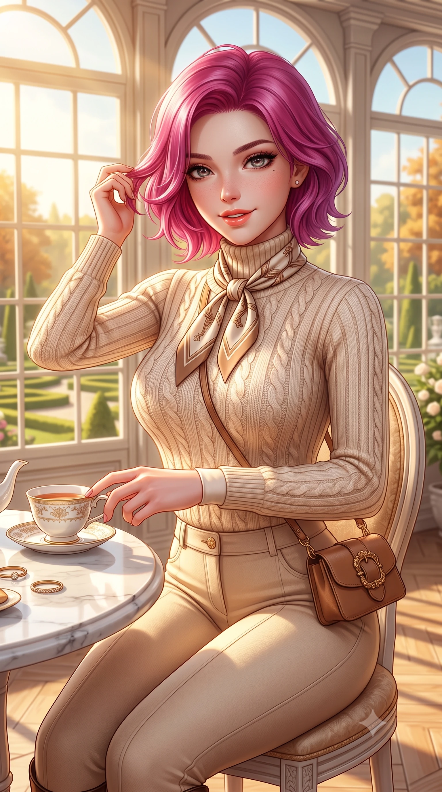 score_9, masterpiece, best quality, ultra-detailed, high-budget anime keyframe, semi-realistic 3D game render, editorial fashion photography, tasteful artistic composition, Caucasian woman. close-up cowboy shot from the waist and thighs up, the character dominates the composition, filling the frame with her large presence. twisting her slender torso in an alluring contrapposto stance, one hand toying with her hair while her gaze radiates magnetic charm while sitting poised at a white marble conservatory tea table with hands resting gently on a porcelain cup, exuding high-society grace. The surrounding environment is rendered in vivid detail and crisp panoramic clarity: detailed cable-knit cashmere sweater ribbing, silk twilly neck scarf knot, and baroque palace garden craft in razor-sharp precision. She has an exceptionally elegant, slender, and willowy female figure with an ultra-slim waist, flat toned midriff, narrow ribcage, and sculpted feminine hips creating an alluring, slim hourglass silhouette without bulk. sharp v-shaped jawline, high-bridge nose, intricate jewel-like sparkling eyes with depth, thick eyelashes, glossy parted lips with a natural peach sheen, bright cheerful beaming smile with an enchanting and coquettish sensual glint, exuding both youthful cute charm and seductive allure, flawlessly proportioned anatomical accuracy, strict slender model proportions, natural body alignment, perfectly sculpted long slender limbs, ultra-slim waistline, clean dynamic posture without body distortion. wearing a form-fitting equestrian stretch bodysuit paired with snug tailored riding breeches and polished knee-high leather boots in soft champagne ivory and warm biscuit beige, tailored from premium double-knit ponte with sleek sculpting hold and smooth contours, finished with a structured leather micro-bag held lightly at her hip, the liquid-tight tailored fabric clinging flawlessly to her narrow waist and rounded feminine hips, emphasizing every millimeter of her sculpted slim hourglass curves without any bulky heaviness. bathed in warm 3200K autumn sunlight streaming through floor-to-ceiling arched south-facing conservatory windows. highly saturated vibrant anime colors, detailed shading with soft gradients, rich glossy textures, high-contrast stereoscopic depth, volumetric dynamic lighting, master piece, 9:16 ratio