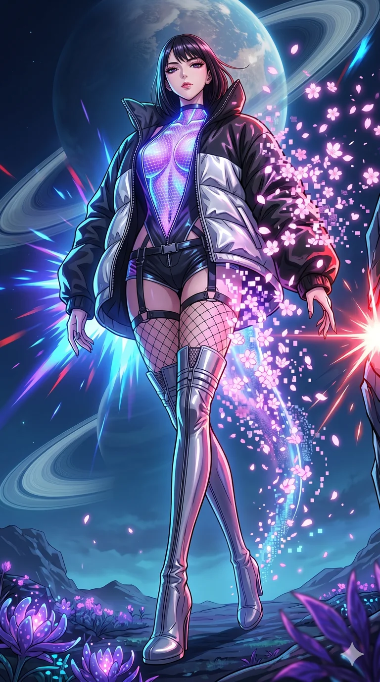 score_9, masterpiece, best quality, ultra-detailed, High-budget Anime Keyframe, vibrant colors, fluid line-art, expressive lighting, cinematic composition, Ufotable-style visual effects, top-tier animation quality, Japanese woman with delicate and elegant anime-inspired features. Dramatic low angle looking up at her majestic stature, dominating the vertical space of the composition. Vanishing into a sudden cloud of glowing cherry blossoms and digital pixels to escape an incoming attack. She has an absolutely perfect 8-heads proportion, an exceptionally tall and slender female figure with impossibly long slender legs and an ultra-slim waist, her statuesque height and towering silhouette dominating the vertical 9:16 frame. Her face is a masterpiece featuring a sharp v-shaped jawline, high-bridge nose, intricate jewel-like eyes with depth, thick eyelashes, and glossy lips with a natural sheen. She is wearing a Oversized puffer jacket worn over a micro-shorts and harness set, unzipped to reveal her chest crafted from Fluorescent mesh that glows brightly under neon light, highlighting her silhouette, accompanied by sensual fishnet stockings and thigh-high metallic boots. The scene is set in a mysterious alien planet with bioluminescent purple flora and a giant ringed planet in the sky, illuminated by dynamic strobe effects that capture her movement in a series of sharp fragments. 2k, ultra detail, master piece, 9:16 ratio