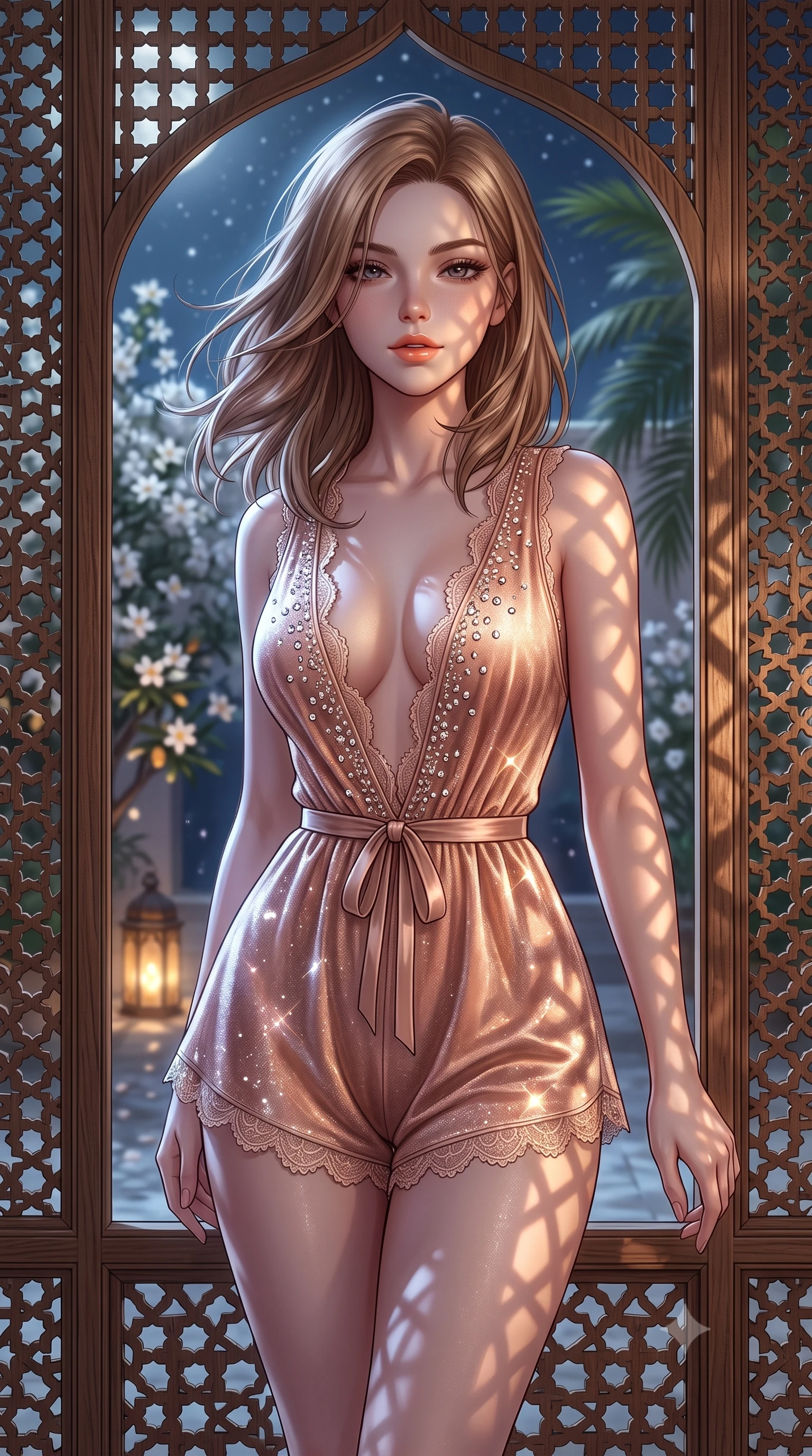 score_9, masterpiece, best quality, ultra-detailed, high-budget anime keyframe, semi-realistic 3D game render, editorial fashion photography, tasteful artistic composition, Korean woman. close-up cowboy shot from the waist and thighs up, the character dominates the composition, filling the frame with her large presence. turning slowly with an enchanting smoldering smile, her glossy hair tossing in the breeze as her hips angle gracefully in a captivating contrapposto while standing framed behind the delicate carved cedar wood mashrabiya privacy screen, arching her spine with seductive siren mystery as moonlight filters through geometric fretwork. The background shows a soft-focus blooming white orange blossom trees in courtyard below, flickering lantern glows among palm fronds, and starry sky blurred into honey, ivory, and obsidian bokeh. She has an exceptionally elegant, slender, and willowy female figure with an ultra-slim waist, flat toned midriff, narrow ribcage, and sculpted feminine hips creating an alluring, slim hourglass silhouette without bulk. sharp v-shaped jawline, high-bridge nose, sparkling eyes with hypnotic seductive depth, thick curled eyelashes, glossy parted lips with a natural dewy peach sheen, alluring bedroom-eyes with an enchanting coquettish smile, exuding magnetic siren charisma and sophisticated glamour, flawlessly proportioned anatomical accuracy, strict slender model proportions, natural body alignment, perfectly sculpted long slender limbs, ultra-slim waistline, clean dynamic posture without body distortion. wearing a plunge-neck stretch velvet romper with scalloped eyelash-lace hems and a cinched waist ribbon in dusky blush peach and champagne crystal, woven from stretch metallic lurex jersey casting radiant starlight glints across her silhouette, finished with scalloped eyelash lace trim framing her sweetheart neckline with intimate elegance, the form-contouring silhouette accentuating her sculpted flat midriff, narrow delicate ribcage, and gracefully curvy hips with intoxicating allure. bathed in sharp geometric patterned light and shadow projected by moonlight streaming through the mashrabiya lattice. highly saturated vibrant anime colors, detailed shading with soft gradients, rich glossy textures, high-contrast stereoscopic depth, volumetric dynamic lighting, master piece, 9:16 ratio