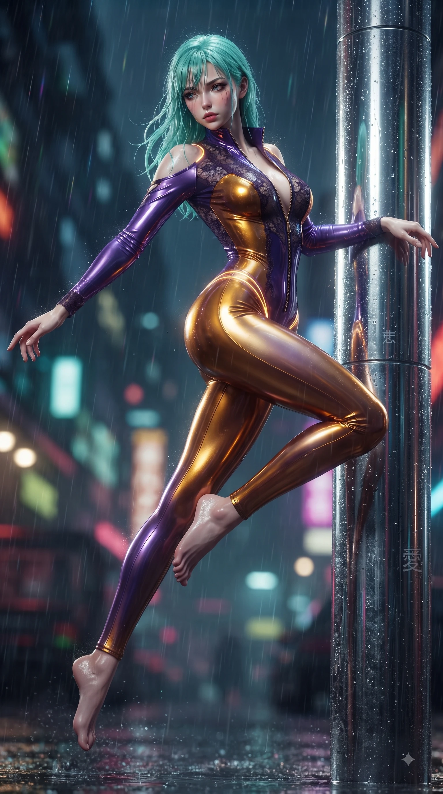 score_9, masterpiece, best quality, ultra-detailed, high-budget anime keyframe, editorial fashion photography, tasteful artistic composition, Japanese woman. low angle full-body shot from head to toe showing her feet, filling the entire 9:16 vertical frame with her statuesque presence, stretching her vertical silhouette. leaping through mid-air with an athletic yet alluring arch of her spine, her impossibly long slender legs stretched in flawless poise while leaning against a rain-slicked chrome pillar with a smoldering, dangerous gaze beneath wet bangs. The composition keeps background elements in soft focus with creamy bokeh. neon-lit rain streaks scattering multi-colored light across a dark metropolitan backdrop. She has an absolutely perfect, statuesque 8.5-heads proportion, an exceptionally tall and slender model-like female figure with impossibly long slender legs and an ultra-slim waist. sharp v-shaped jawline, high-bridge nose, intricate jewel-like eyes with depth, thick eyelashes, glossy lips with a natural sheen, flawlessly proportioned anatomical accuracy, natural body alignment, perfectly sculpted elegant limbs, clean dynamic posture without body distortion. wearing a form-fitting top made of molten liquid-mercury fabric that clings to her curves, with strategic tear-drop shoulder cutouts and a dangerously unzipped front collar in lustrous molten gold and pure deep violet, crafted from delicate dark lace interwoven with luminescent micro-fibers, accented with glowing fiber-optic seams tracing her collarbones and hip curves, the liquid-tight fabric adhering flawlessly to her sculpted torso and slender silhouette. surrounded by a gritty, glamorous, and intensely cinematic cyberpunk noir atmosphere. ultra-reflective glossy finish, specular highlights, metallic sheen, high-contrast stereoscopic depth, volumetric dynamic lighting, 2k, ultra detail, master piece, 9:16 ratio