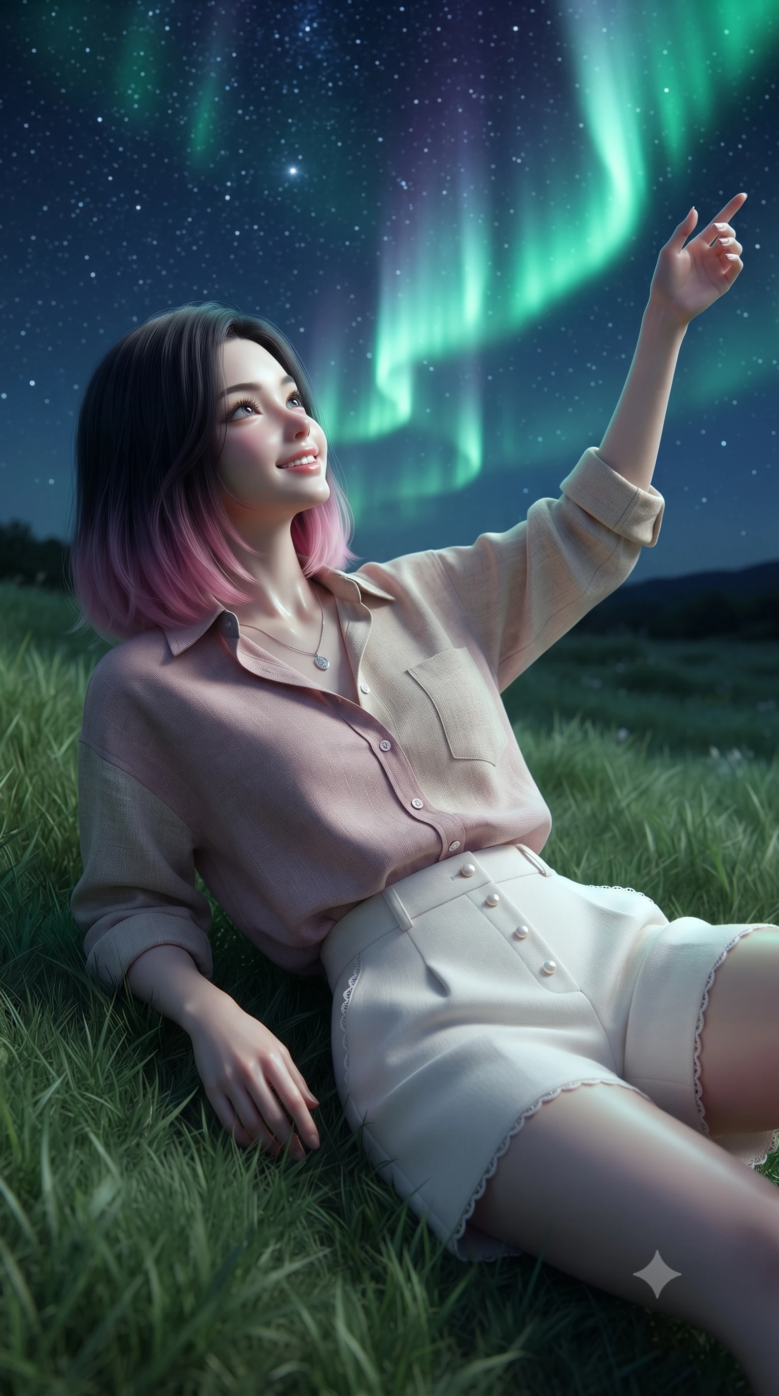 score_9, masterpiece, best quality, ultra-detailed, high-budget anime keyframe, editorial fashion photography, tasteful artistic composition, Korean woman. close-up cowboy shot from the waist and thighs up, the character dominates the composition, filling the frame with her large presence. extending one arm gracefully toward the scenery while turning back with an infectious, heartwarming smile while lying on the soft grass looking up at dancing emerald aurora borealis waves with a dreamy, affectionate smile. The surrounding environment is rendered in vivid detail and crisp panoramic clarity. transcendent nocturnal chiaroscuro and vast cosmic wilderness beauty captured with celestial sharpness. She has an exceptionally elegant, slender, and willowy female figure with an ultra-slim waist, a gracefully sculpted slender torso, toned flat midriff, and a refined slim silhouette. sharp v-shaped jawline, high-bridge nose, intricate jewel-like eyes with depth, thick eyelashes, glossy lips with a natural sheen, pure and lovely fresh girlhood expression, flawlessly proportioned anatomical accuracy, strict slender model proportions, natural body alignment, perfectly sculpted long slender limbs, ultra-slim waistline, clean dynamic posture without body distortion. wearing a lightweight pastel linen button-down shirt paired with tailored high-rise white Bermuda shorts in soft dusty rose and oatmeal beige, knitted from ultra-soft cozy baby-cashmere yarn, finished with delicate scallop trims and tiny pearl buttons, the tailored casual silhouette highlighting her fresh and youthful presence and perfectly proportioned slender frame. surrounded by a magical, romantic, and breathtakingly wondrous starlit maiden aura. ultra-reflective glossy finish, specular highlights, rich natural textures, high-contrast stereoscopic depth, volumetric dynamic lighting, 2k, ultra detail, master piece, 9:16 ratio