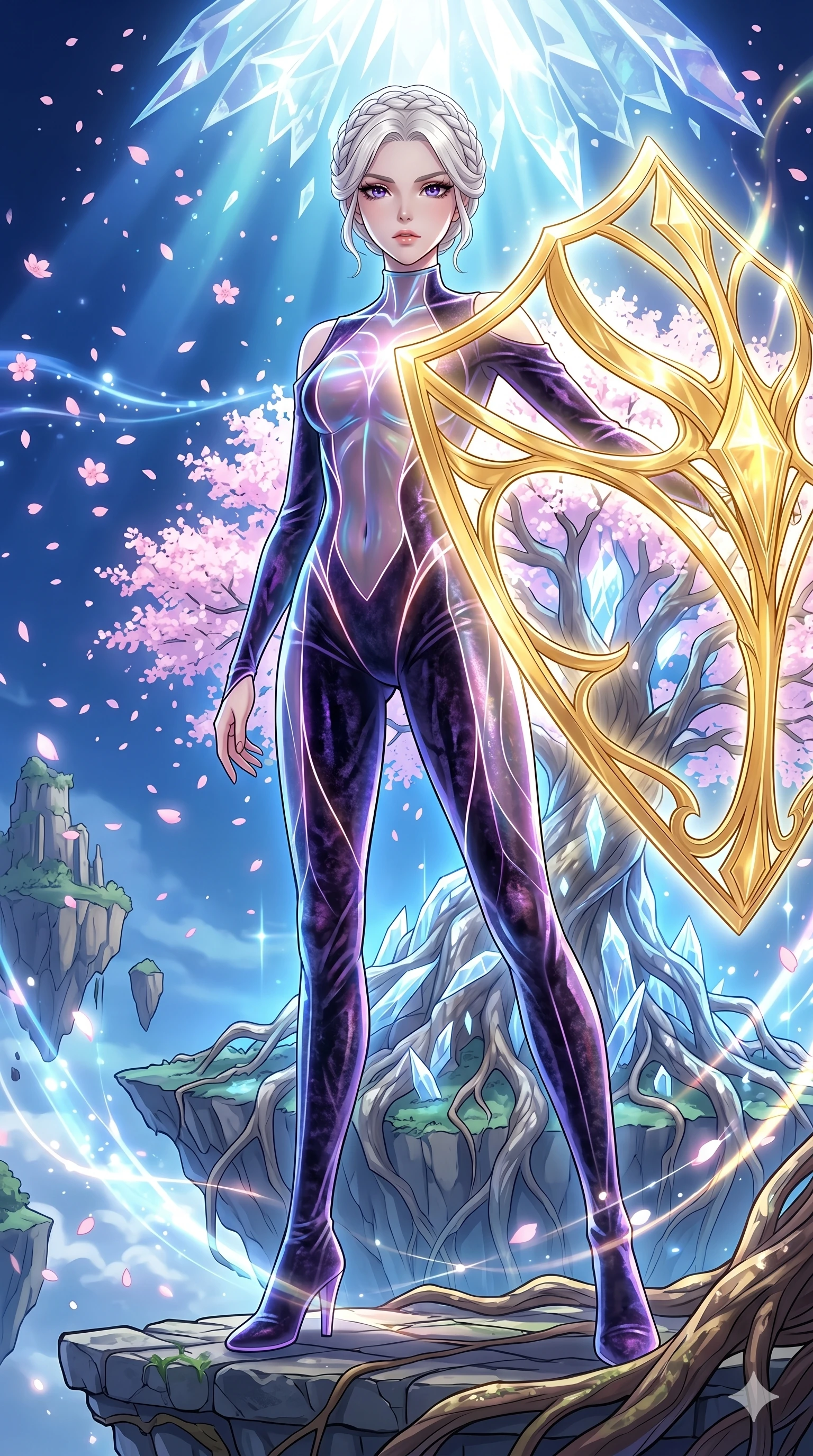 score_9, masterpiece, best quality, ultra-detailed, High-budget Anime Keyframe, vibrant colors, fluid line-art, expressive lighting, cinematic composition, Ufotable-style visual effects, top-tier animation quality, Japanese woman with delicate and elegant anime-inspired features. Low angle cowboy shot filling the entire 9:16 frame with her statuesque presence, looking up to emphasize her height. Protecting a sacred world-tree with her own life-force, a golden shield expanding from her heart to cover the forest. She has an absolutely perfect 8-heads proportion, an exceptionally tall and slender female figure with impossibly long slender legs and an ultra-slim waist, her statuesque height and towering silhouette dominating the vertical 9:16 frame. Her face is a masterpiece featuring a sharp v-shaped jawline, high-bridge nose, intricate jewel-like eyes with depth, thick eyelashes, and glossy lips with a natural sheen. She is wearing a Iridescent sheer catsuit with glowing lines that pulse in sync with her heartbeat crafted from Crushed dark velvet with a deep, rich texture that absorbs light and glows at the edges, boasting shoulder cut-outs and a glowing spinal interface visible through the back. The scene is set in an ancient floating island with pink cherry blossoms falling like snow against a blue sky, illuminated by ethereal moonlight filtering through a crystalline canopy, creating soft highlights. 2k, ultra detail, master piece, 9:16 ratio