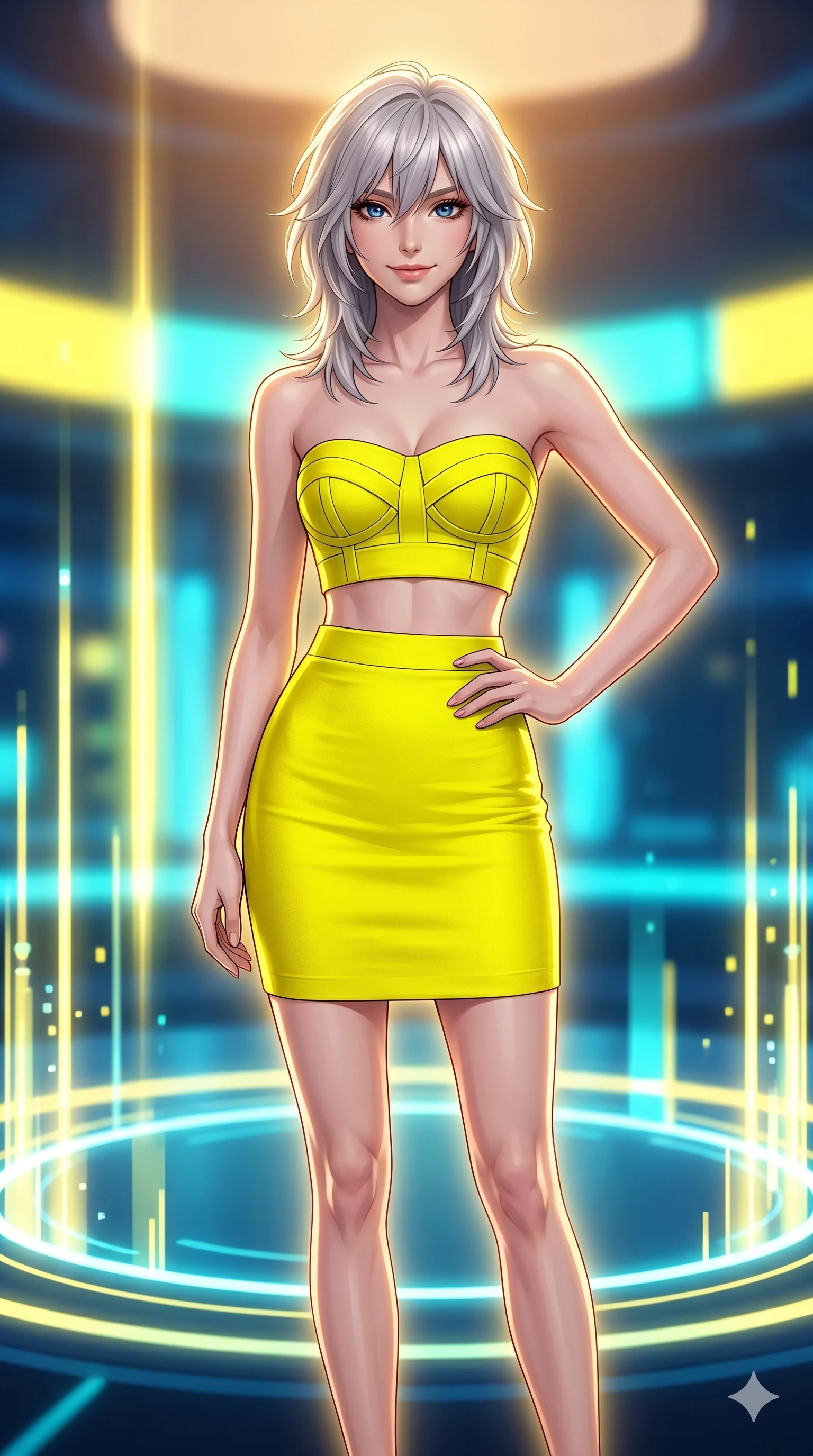 score_9, masterpiece, best quality, ultra-detailed, high-budget anime keyframe, editorial fashion photography, tasteful artistic composition, Japanese woman. cowboy shot from the thighs up, character and outfit filling the frame for maximum editorial presence. Smiling with quiet, magnetic self-assurance directly into the camera at the center of a circular holographic arena where light pillars pulse rhythmically. She has an absolutely perfect 8-heads proportion, an exceptionally tall and slender female figure with impossibly long slender legs and an ultra-slim waist. V-shaped jawline, high-bridge nose, intricate jewel-like eyes with depth, thick eyelashes, glossy lips with a natural sheen. wearing a bold structured two-piece set in vivid electric yellow featuring a high-waist fitted tube skirt at mid-thigh and a matching structured crop top with architectural banding at the bust. under warm golden hour backlighting creating a luminous radiant halo around her silhouette. 2k, ultra detail, master piece, 9:16 ratio