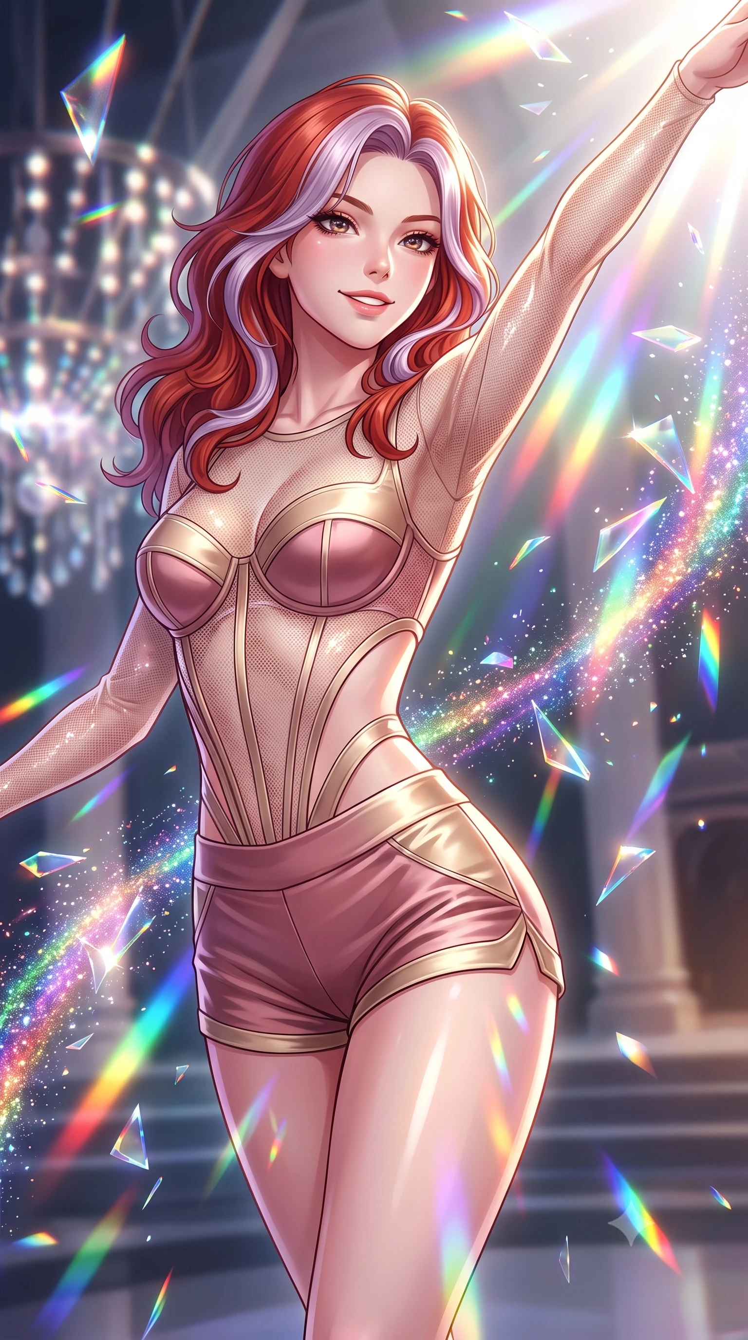 score_9, masterpiece, best quality, ultra-detailed, high-budget anime keyframe, editorial fashion photography, tasteful artistic composition, Caucasian woman. close-up cowboy shot from the waist and thighs up, the character dominates the composition, filling the frame with her large presence, background elements kept in soft focus. Extending one arm in an elegant stretch toward the light while smiling with magnetic self-assurance while pivoting gracefully mid-air as multi-color light refraction trails follow her movement, shattered glass prisms scattering intense rainbow light rays across her athletic build. She has an exceptionally elegant, slender, and willowy female figure with an ultra-slim waist, a gracefully sculpted slender torso, and a refined silhouette. sharp v-shaped jawline, high-bridge nose, intricate jewel-like eyes with depth, thick eyelashes, glossy lips with a natural sheen, flawlessly proportioned anatomical accuracy, natural body alignment, perfectly sculpted elegant limbs, clean dynamic posture without body distortion. wearing a delicate see-through mesh top with structured cup boning and micro-shorts in dusty rose and champagne gold, crafted from lustrous satin jersey with fluid draping, featuring clean architectural cutouts along her slender torso, the tailored fabric tightly following every curve of her athletic build. illuminated by high-contrast studio spotlights with ultra-bright specular highlights. highly saturated vibrant anime colors, detailed shading with soft gradients, rich glossy textures, high-contrast stereoscopic depth, volumetric dynamic lighting, master piece, 9:16 ratio