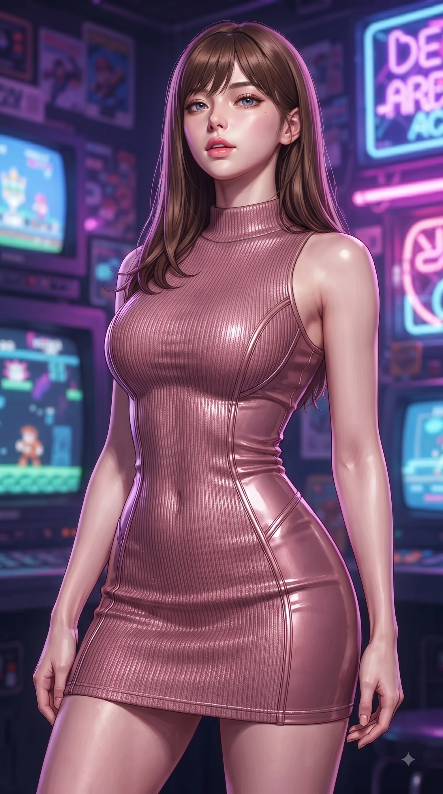 score_9, masterpiece, best quality, ultra-detailed, high-budget anime keyframe, editorial fashion photography, tasteful artistic composition, Korean woman woman. close-up cowboy shot from the waist and thighs up, the character dominates the composition, filling the frame with her large presence, background elements kept in soft focus. She has an exceptionally elegant, slender, and willowy female figure with an ultra-slim waist, a gracefully sculpted slender torso, and a refined silhouette. tilting her chin up slightly with lips parted in a composed and alluring expression, flawlessly proportioned anatomical accuracy, natural body alignment, perfectly sculpted elegant limbs, clean dynamic posture without body distortion. set against a soft-focus background of a retro cyber arcade filled with glowing CRT screens and neon signs. wearing a sculpted dusty rose ribbed knit bodycon dress with form-contouring side seams. bathed in strobing violet and electric pink neon lights refracting on her outfit. ultra-reflective glossy finish, specular highlights, metallic sheen, high-contrast stereoscopic depth, volumetric dynamic lighting, 2k, ultra detail, master piece, 9:16 ratio