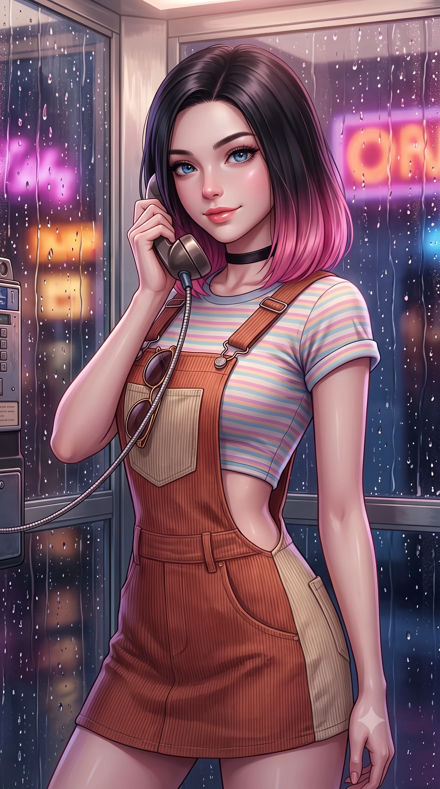score_9, masterpiece, best quality, ultra-detailed, high-budget anime keyframe, semi-realistic 3D game render, editorial fashion photography, tasteful artistic composition, Korean woman. close-up cowboy shot from the waist and thighs up, the character dominates the composition, filling the frame with her large presence. radiating intense magnetic charisma with jewel-like eyes locked onto the viewer, her upper body turning in a dynamic, fluid S-curve while standing inside a vintage glass telephone booth with raindrops streaming down the panes, holding the receiver with a gentle smile. The composition keeps background elements in soft focus with creamy bokeh. streaming glass raindrop streaks and distant neon shop signs blurred into dreamy magenta, amber, and deep blue bokeh. She has an exceptionally elegant, slender, and willowy female figure with an ultra-slim waist, a gracefully sculpted slender torso, toned flat midriff, and a refined slim silhouette. sharp v-shaped jawline, high-bridge nose, intricate jewel-like eyes with depth, thick eyelashes, glossy lips with a natural sheen, captivating and magnetic expression, flawlessly proportioned anatomical accuracy, strict slender model proportions, natural body alignment, perfectly sculpted long slender limbs, ultra-slim waistline, clean dynamic posture without body distortion. wearing a vintage corduroy dungaree dress layered over a pastel striped baby-tee with rolled cuffs in warm terracotta and oatmeal beige, woven from soft breathable linen that flutters gently with every step, finished with a delicate black velvet ribbon choker and vintage sunglasses, the precision-cut daring openings accentuating her delicate midriff, graceful bare collarbones, and ultra-slim feminine waistline. illuminated by soft glowing highlights defining her delicate features, glossy lips, and slender torso. highly saturated vibrant anime colors, detailed shading with soft gradients, rich glossy textures, high-contrast stereoscopic depth, volumetric dynamic lighting, master piece, 9:16 ratio