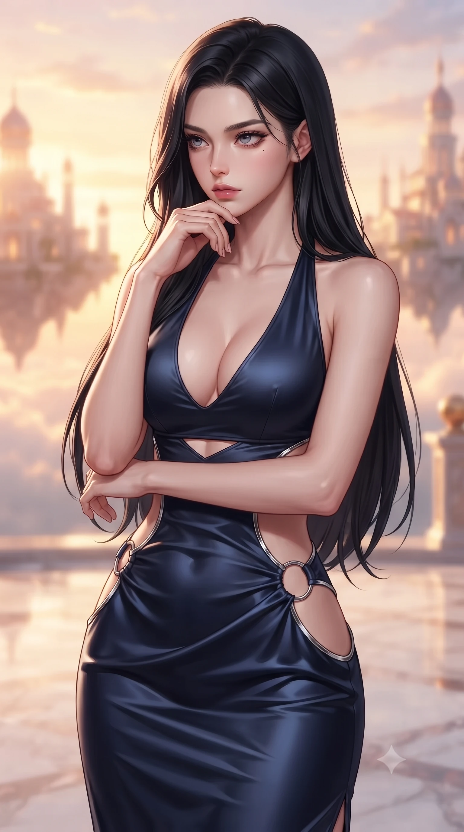 score_9, masterpiece, best quality, ultra-detailed, high-budget anime keyframe, editorial fashion photography, tasteful artistic composition, Korean woman. close-up cowboy shot from the waist and thighs up, the character dominates the composition, filling the frame with her large presence, background elements kept in soft focus. Resting her chin on the backs of her fingers, casting a sharp, mysterious gaze gazing out at a dreamlike palace archipelago suspended in golden hour light, soft rose-gold and amber sunset light reflecting off polished marble. She has an exceptionally elegant, slender, and willowy female figure with an ultra-slim waist, a gracefully sculpted slender torso, and a refined silhouette. sharp v-shaped jawline, high-bridge nose, intricate jewel-like eyes with depth, thick eyelashes, glossy lips with a natural sheen. wearing a deep-scoop halter bodycon dress with hip cutouts connected by silver rings in midnight navy blue and chrome trim, crafted from lustrous satin jersey with fluid draping, featuring subtle geometric cutouts that highlight her ultra-slim midriff, the tailored fabric tightly following every curve of her athletic build. bathed in glorious golden hour sunbeams and warm rose-gold ambient light. highly saturated vibrant anime colors, detailed shading with soft gradients, rich glossy textures, high-contrast stereoscopic depth, volumetric dynamic lighting, master piece, 9:16 ratio