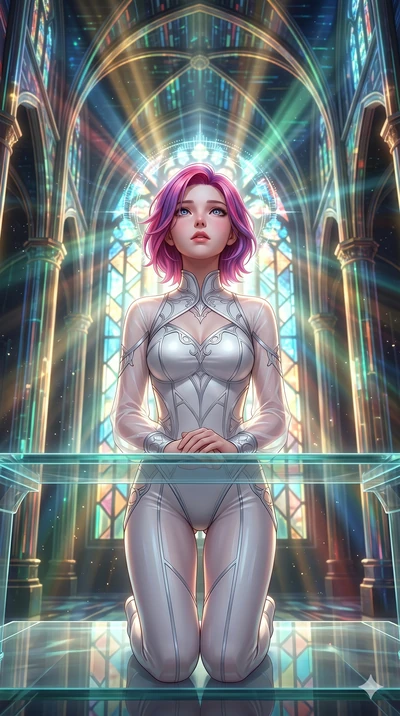 score_9, masterpiece, best quality, ultra-detailed, high-budget anime keyframe, semi-realistic 3D game render, Caucasian woman, strictly human ears. Upper body close-up from the thighs up, character filling the screen for maximum presence. Inside a d