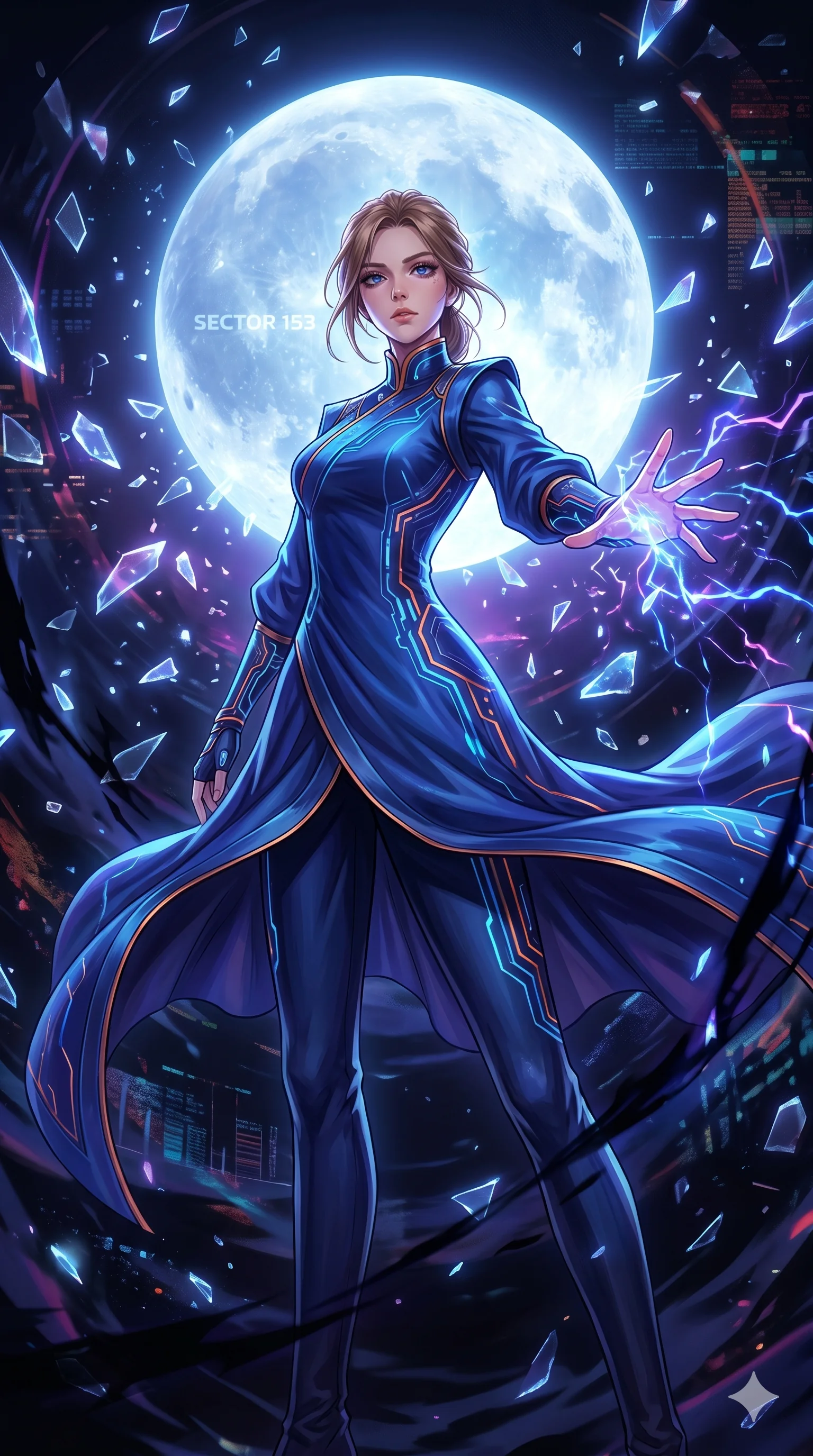 score_9, masterpiece, best quality, ultra-detailed, Set A: High-budget Anime Keyframe, Caucasian (strictly human ears) woman. Low angle cowboy shot filling the entire 9:16 frame with her statuesque presence. Casting a spell through a virtual reality void, with a massive holographic moon rising behind her marked as sector 153 and surrounded by shattered glass fragments. She has an absolutely perfect 8-heads proportion, an exceptionally tall and slender female figure with impossibly long slender legs and an ultra-slim waist. Sharp v-shaped jawline, high-bridge nose, intricate jewel-like eyes with depth, thick eyelashes, glossy lips with a natural sheen. Wearing Traditional silk robe with a modern tech-twist, featuring glowing circuit patterns. Cinematic lighting, vibrant colors, dramatic shadows, 2k, ultra detail, master piece, 9:16 ratio