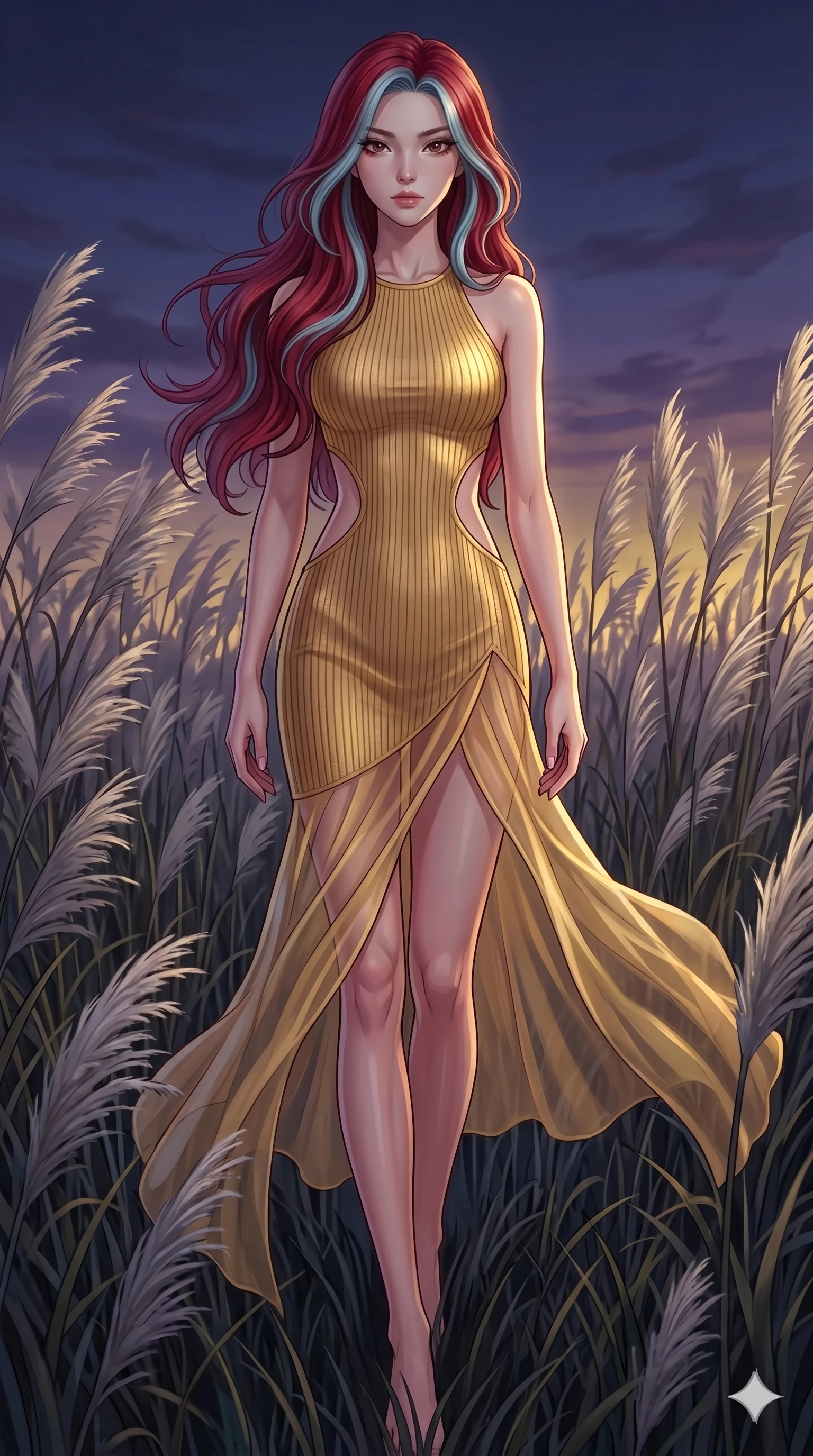 score_9, masterpiece, best quality, ultra-detailed, High-budget Anime Keyframe, East Asian woman. Dynamic full-body shot stretching the vertical silhouette to the limit. Scenario 138: Walking through a field of tall silver grass at twilight. Her presence is magnetic and overpowering in this high-budget anime scene. Outfit 138: A ribbed bodycon knit gold with a strategic side cut-outs and translucent layers. The clothing is designed to emphasize her exceptionally tall and slender 8-heads proportion. 8-heads proportion, towering silhouette, ultra-slim waist. sharp v-shaped jawline, intricate jewel-like eyes with depth, thick eyelashes, glossy lips. 2k, ultra detail, master piece, 9:16 ratio