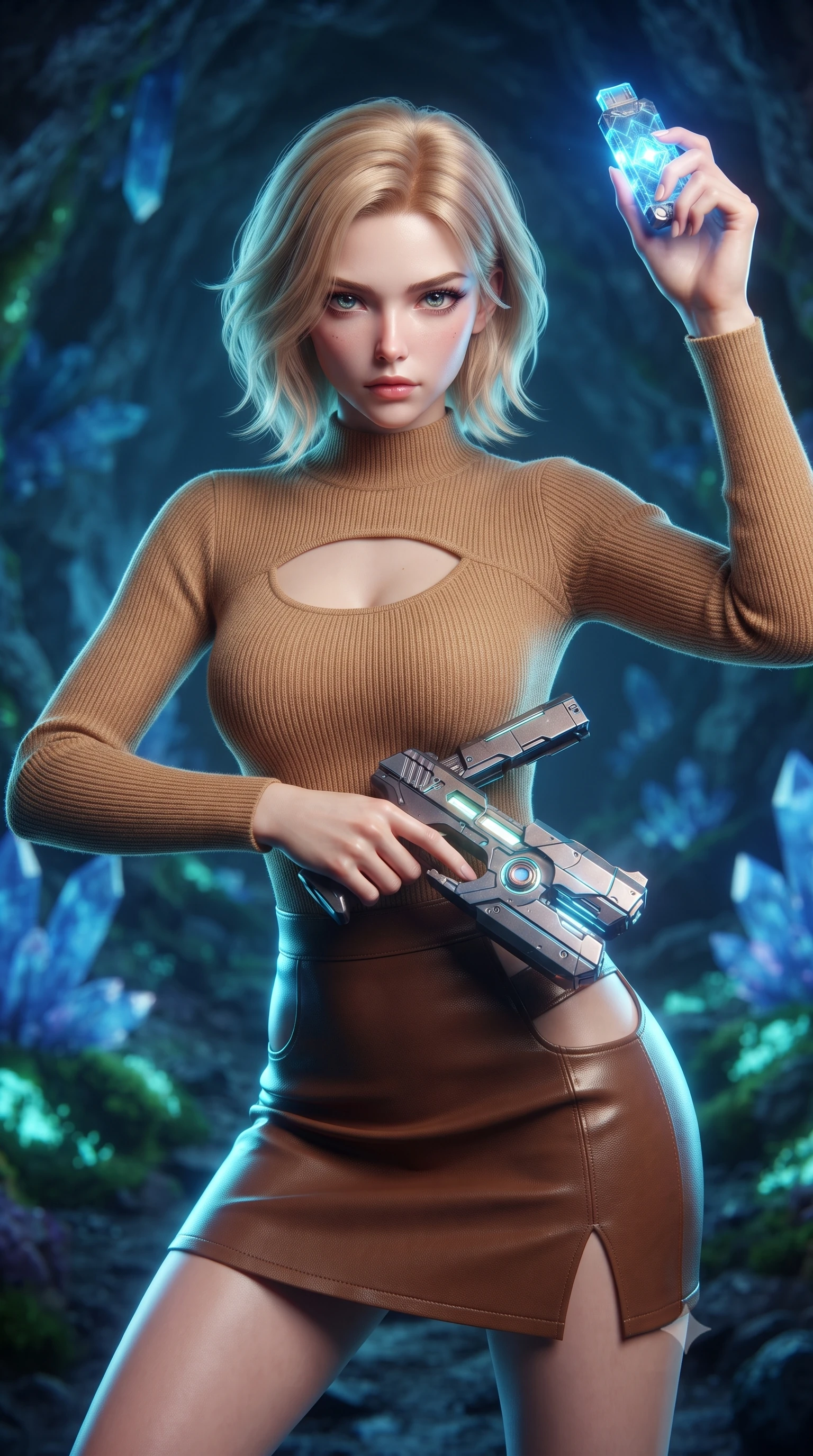 score_9, masterpiece, best quality, ultra-detailed, high-budget anime keyframe, editorial fashion photography, tasteful artistic composition, realistic cosplay photography, Caucasian woman, strictly human ears. close-up cowboy shot from the waist and thighs up, the character dominates the composition, filling the frame with her large presence, background elements kept in soft focus. Holding a glowing data drive aloft while reloading a futuristic plasma pistol, ready for the next wave. set against a soft-focus background of inside an asteroid cave lined with blue quartz crystals and glowing bioluminescent space moss. She has an exceptionally elegant and slender, willowy female figure with an ultra-slim waist, a gracefully sculpted slender torso, and a refined slim physique. sharp v-shaped jawline, high-bridge nose, intricate jewel-like eyes with depth, thick eyelashes, glossy lips with a natural sheen. wearing catching and diffusing the glowing particles, shimmering softly in response to the surrounding light, a form-contouring camel-colored knit top with a keyhole chest cutout, paired with a brown leather mini skirt featuring a side cutout. brilliant cinematic volumetric lighting with intense neon rim light outlining her form. ultra-reflective glossy finish, specular highlights, metallic sheen, high-contrast stereoscopic depth, volumetric dynamic lighting, 2k, ultra detail, master piece, 9:16 ratio