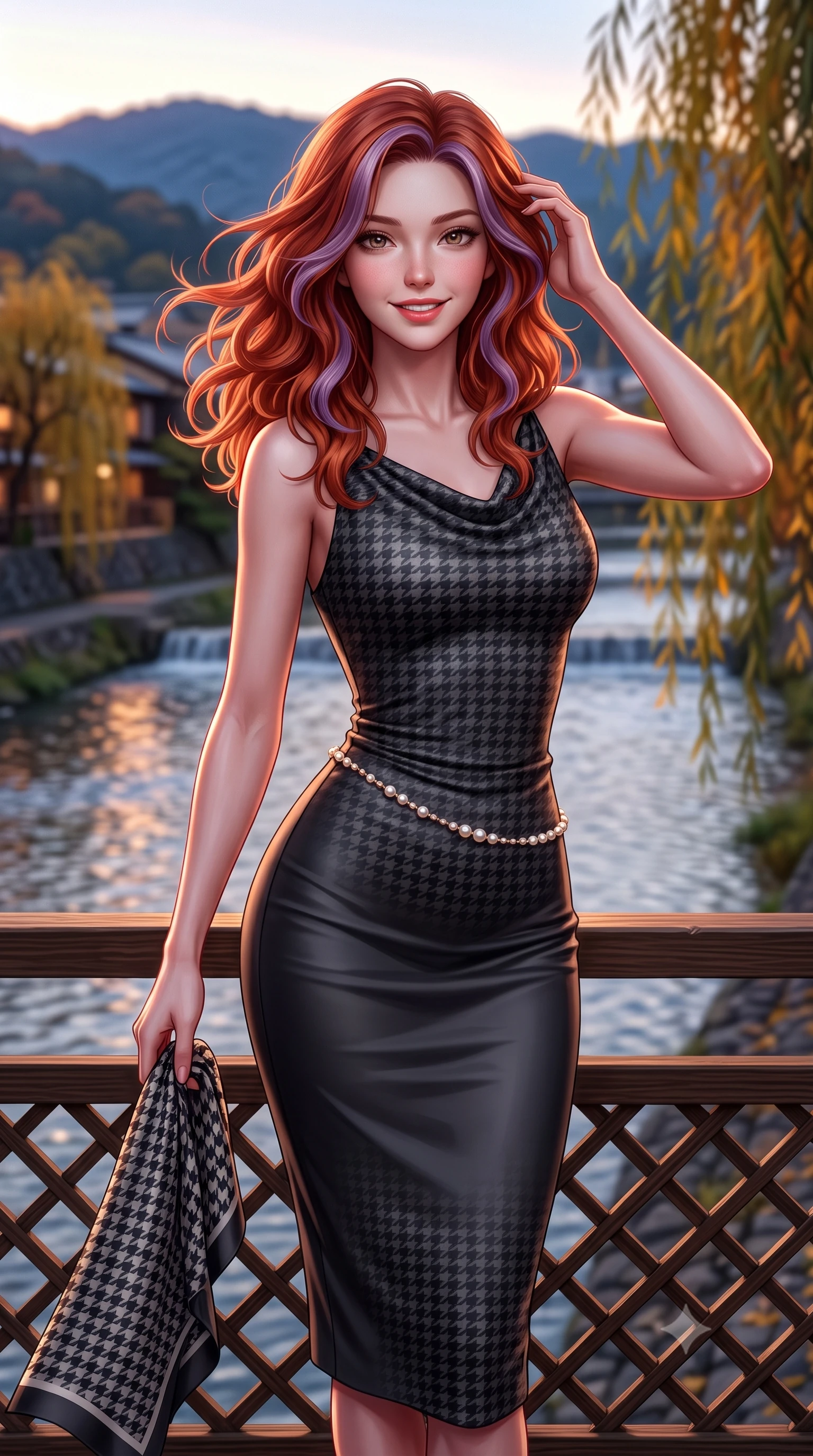score_9, masterpiece, best quality, ultra-detailed, high-budget anime keyframe, semi-realistic 3D game render, editorial fashion photography, tasteful artistic composition, Caucasian woman. close-up cowboy shot from the waist and thighs up, the character dominates the composition, filling the frame with her large presence. twisting her slender torso in an alluring contrapposto stance, one hand toying with her hair while her gaze radiates magnetic charm while leaning gently against the cedar lattice railing of the historic machiya balcony, one hand holding her scarf against the crisp evening breeze. The background shows a soft-focus clear flowing Kamogawa river waters, weeping willow trees turning gold along riverbanks, and distant Higashiyama hills blurred into indigo, golden olive, and slate bokeh. She has an exceptionally elegant, slender, and willowy female figure with an ultra-slim waist, flat toned midriff, narrow ribcage, and sculpted feminine hips creating an alluring, slim hourglass silhouette without bulk. sharp v-shaped jawline, high-bridge nose, intricate jewel-like sparkling eyes with depth, thick eyelashes, glossy parted lips with a natural peach sheen, bright cheerful beaming smile with an enchanting and coquettish sensual glint, exuding both youthful cute charm and seductive allure, flawlessly proportioned anatomical accuracy, strict slender model proportions, natural body alignment, perfectly sculpted long slender limbs, ultra-slim waistline, clean dynamic posture without body distortion. wearing a fluid liquid silk jersey draped midi dress clinging flawlessly to her narrow waist, flat midriff, and curvy hips in classic Savile Row charcoal houndstooth and crisp ivory, crafted from lustrous liquid satin crepe that drapes in body-clinging ripples catching ambient lights, accented with a dainty pearl waist chain catching the ambient sunlight across her sculpted waistline, the body-conscious tailored knit hugging her sculpted torso and curvaceous hips in a seamless, fluid line that highlights her statuesque model proportions. illuminated by river water specular reflection bounce and sharp copper-rose rim lights sculpting her jawline, narrow waist, and graceful model proportions. highly saturated vibrant anime colors, detailed shading with soft gradients, rich glossy textures, high-contrast stereoscopic depth, volumetric dynamic lighting, master piece, 9:16 ratio
