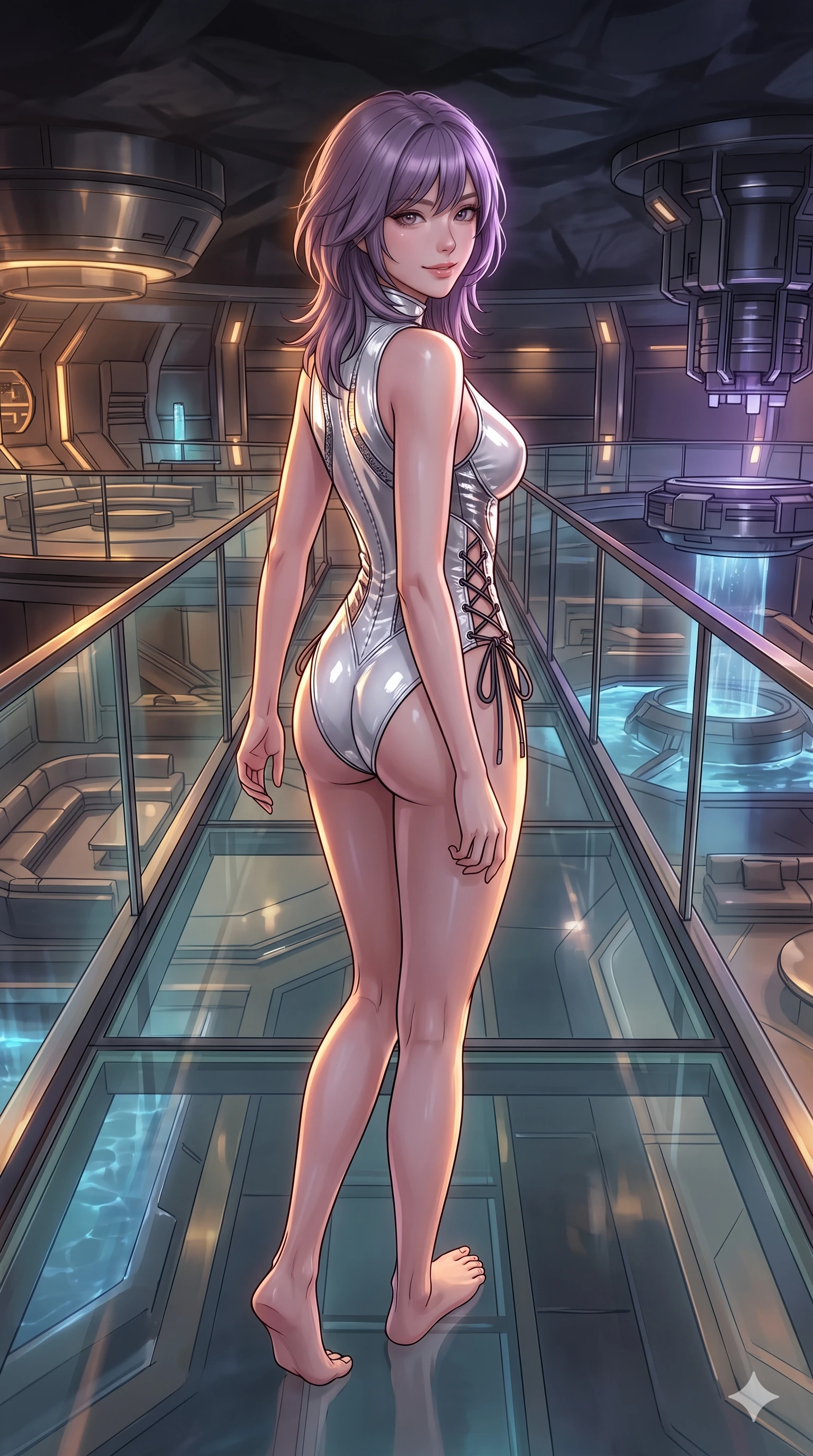 score_9, masterpiece, best quality, ultra-detailed, high-budget anime keyframe, semi-realistic 3D game render, editorial fashion photography, tasteful artistic composition, Japanese woman. low angle full-body shot from head to toe showing her feet, filling the entire 9:16 vertical frame with her statuesque presence, stretching her vertical silhouette. walking slowly along the transparent glass skybridge, looking back over her shoulder with an air of effortless grace and an alluring, smoldering smile while leaning against the mirror-polished counter with hips cocked back, resting her chin on one hand while casting an alluring bedroom-gaze into the camera. The surrounding environment is rendered in vivid detail and crisp panoramic clarity: detailed vinyl crop top tailoring, delicate strap hardware, and luxurious underground lounge interior in razor-sharp precision. She has an absolutely perfect, statuesque 8.5-heads proportion, an exceptionally tall and slender model-like female figure with impossibly long slender legs, an ultra-slim waist, a flat toned midriff, narrow delicate ribcage, and beautifully sculpted feminine hips creating a graceful, slim hourglass silhouette without any bulky heaviness. sharp v-shaped jawline, high-bridge nose, intricate jewel-like sparkling eyes with depth, thick eyelashes, glossy parted lips with a natural sheen, bright confident smile with an enchanting and coquettish sensual glint, exuding both youthful magnetic charm and sovereign high-tech allure, flawlessly proportioned anatomical accuracy, strict slender model proportions, natural body alignment, perfectly sculpted long slender limbs, ultra-slim waistline, clean dynamic posture without body distortion. wearing a glossy vinyl and carbon-fiber hybrid bodysuit with a plunging neckline and high-cut leg openings in pure alabaster white and brushed silver accents, formed from supple thermal silicone composite adhering seamlessly like a second skin, featuring fine criss-cross lace-up side ties revealing tantalizing glimpses of her hip curve, the form-contouring cut accentuating her sculpted flat midriff, narrow delicate ribcage, and gracefully curvy hips with cybernetic supermodel precision. illuminated by counter surface bounce and sharp amber-violet rim lights sculpting her razor-sharp jawline, narrow waist, and curvy hips. highly saturated vibrant anime colors, detailed shading with soft gradients, rich glossy textures, high-contrast stereoscopic depth, volumetric dynamic lighting, master piece, 9:16 ratio