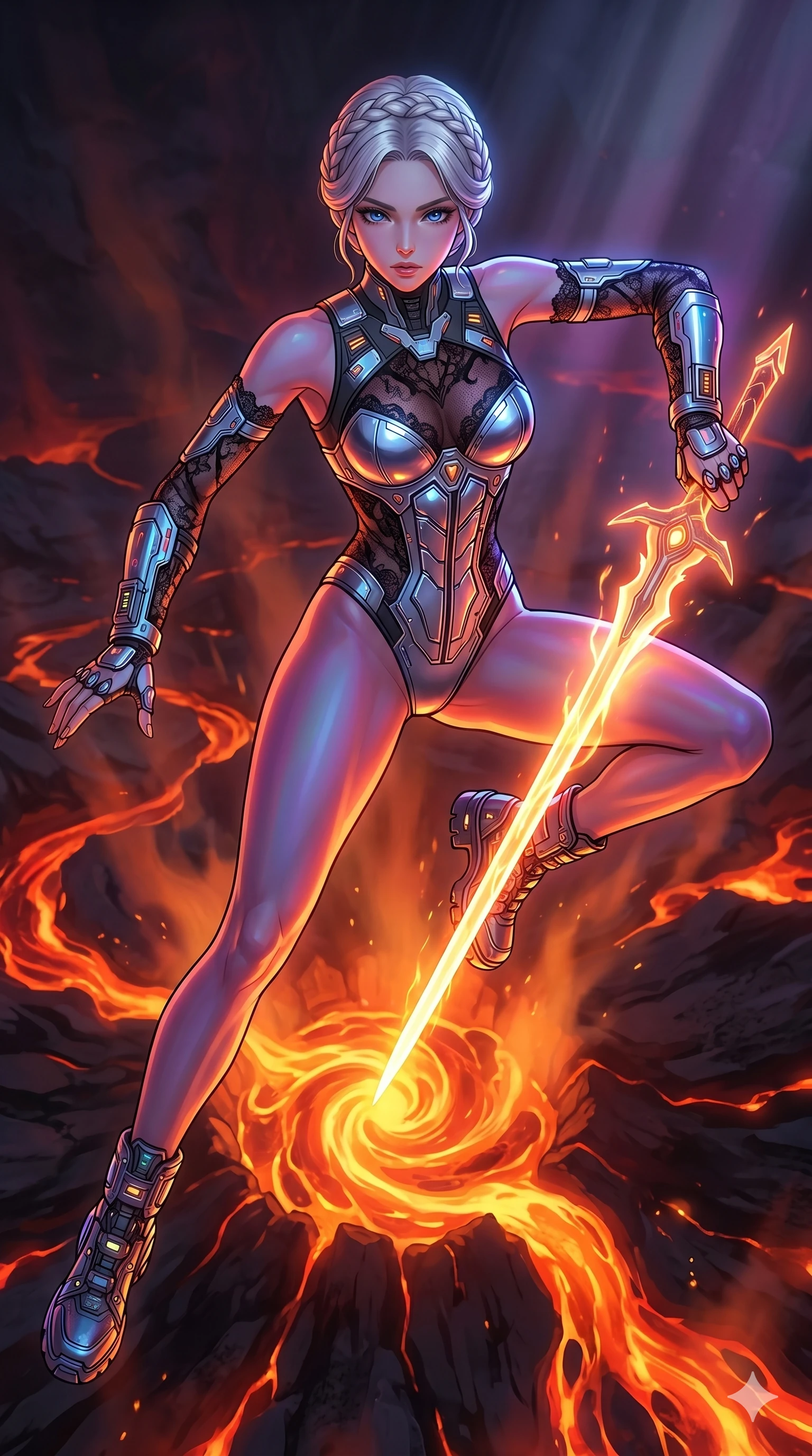 score_9, masterpiece, best quality, ultra-detailed, high-budget anime movie keyframe, cinematic anime lighting, intricate line art, Korean woman. Extreme high angle shot as she leaps towards the camera, filling the frame. manipulating the heat of a volcano to forge a new weapon. She has an absolutely perfect 8-heads proportion, an exceptionally tall and slender female figure with an ultra-slim waist and impossibly long slender legs. strictly human anatomy, two legs only, no extra limbs, clearly defined legs and arms, perfect anatomy, perfect hands and fingers. sharp v-shaped jawline, high-bridge nose, intricate jewel-like eyes, thick eyelashes, glossy lips. Wearing Cyber-Tech Legacy: Asymmetrical high-cut tech-bodysuit with detached sleeves and chrome-plated corset over sheer lace. The scene is illuminated by dramatic atmospheric lighting and vibrant color palettes. , 2k, ultra detail, master piece, 9:16 ratio