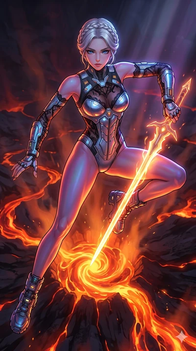score_9, masterpiece, best quality, ultra-detailed, high-budget anime movie keyframe, cinematic anime lighting, intricate line art, Korean woman. Extreme high angle shot as she leaps towards the camera, filling the frame. manipulating the heat of a v