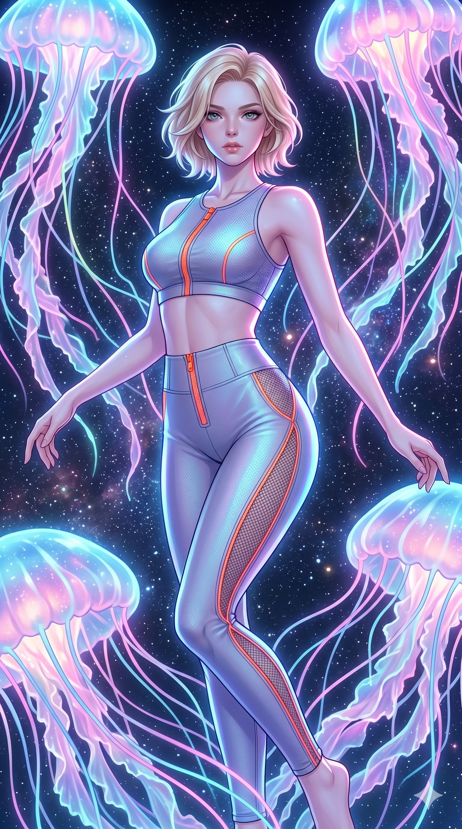 score_9, masterpiece, best quality, ultra-detailed, high-budget anime keyframe, Caucasian woman, strictly human ears. upper body close-up from the thighs up, character filling the screen for maximum presence. swirling gracefully among the glowing ribbon-like tentacles of giant bioluminescent jellyfish floating in a starry sky garden. She has an absolutely perfect 8-heads proportion, an exceptionally tall and slender female figure with impossibly long slender legs and an ultra-slim waist. V-shaped jawline, high-bridge nose, intricate jewel-like eyes with depth, thick eyelashes, glossy lips with a natural sheen.. wearing a second-skin neoprene cyber-athleisure set, featuring a tight crop top and leggings with fluorescent orange zipper accents and side slash panels. enhanced by a luminous pastel spectrum glow, casting elegant rim lights on her shoulders and jawline. 2k, ultra detail, master piece, 9:16 ratio