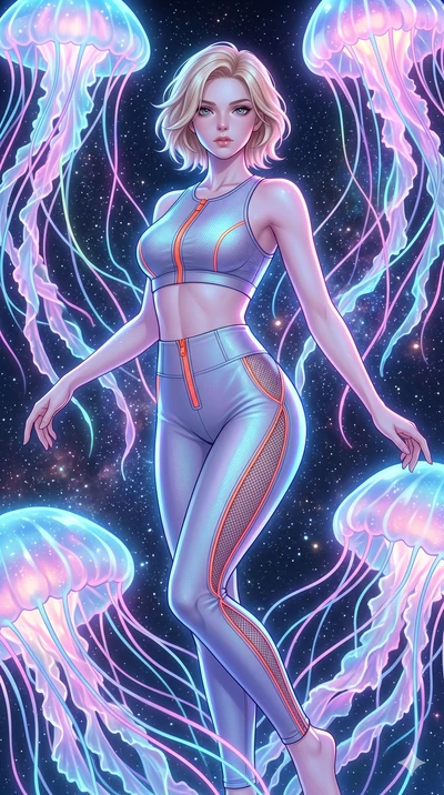 score_9, masterpiece, best quality, ultra-detailed, high-budget anime keyframe, Caucasian woman, strictly human ears. upper body close-up from the thighs up, character filling the screen for maximum presence. swirling gracefully among the glowing rib