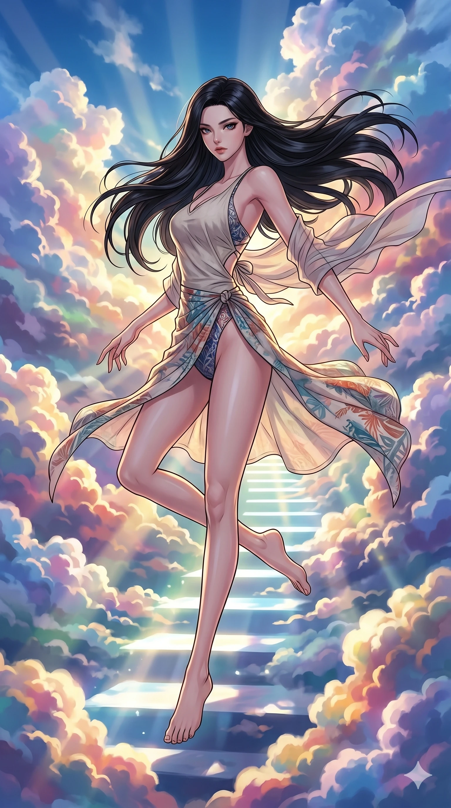 score_9, masterpiece, best quality, ultra-detailed, high-budget anime movie keyframe, cinematic anime lighting, intricate line art, Korean woman. Mid-air action shot capturing a graceful twist and vertical silhouette. weaving a staircase of light into the clouds. She has an absolutely perfect 8-heads proportion, an exceptionally tall and slender female figure with an ultra-slim waist and impossibly long slender legs. strictly human anatomy, two legs only, no extra limbs, clearly defined legs and arms, perfect anatomy, perfect hands and fingers. sharp v-shaped jawline, high-bridge nose, intricate jewel-like eyes, thick eyelashes, glossy lips. Wearing Seasonal/Resort: High-cut one-piece with sarong, linen sundress with tie-back, and sheer fabric wrap. The scene is illuminated by dramatic atmospheric lighting and vibrant color palettes. , 2k, ultra detail, master piece, 9:16 ratio