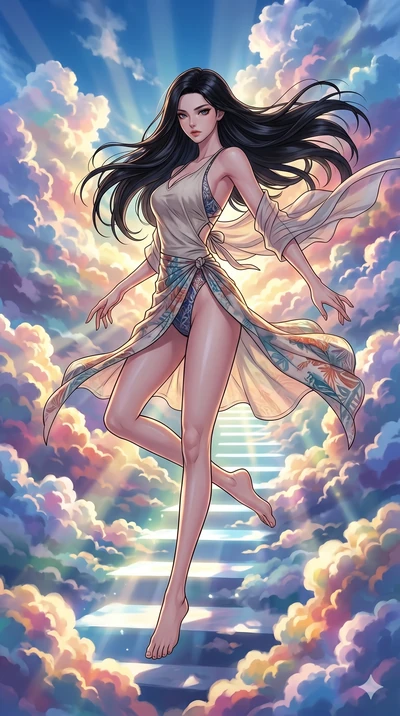 score_9, masterpiece, best quality, ultra-detailed, high-budget anime movie keyframe, cinematic anime lighting, intricate line art, Korean woman. Mid-air action shot capturing a graceful twist and vertical silhouette. weaving a staircase of light int