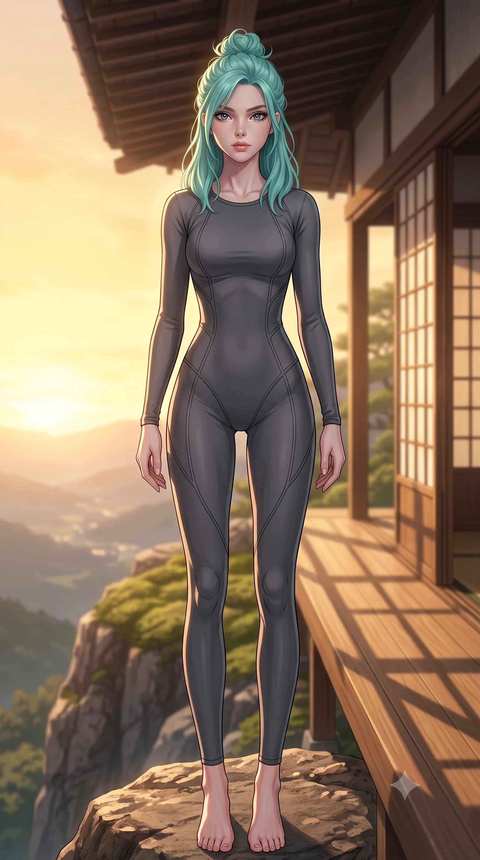 score_9, masterpiece, best quality, ultra-detailed, high-budget anime keyframe, editorial fashion photography, tasteful artistic composition, Japanese woman woman. low angle full-body shot from head to toe showing her feet, filling the entire 9:16 vertical frame with her statuesque presence, stretching her vertical silhouette. standing proud on a scenic cliff overlooking the valley, her silhouette framed by the golden sky the background shows a soft-focus a wooden veranda (engawa) of a traditional Japanese house facing a serene moss garden. She has an absolutely perfect, statuesque 8.5-heads proportion, an exceptionally tall and slender model-like female figure with impossibly long slender legs and an ultra-slim waist. sharp v-shaped jawline, high-bridge nose, intricate jewel-like eyes with depth, thick eyelashes, glossy lips with a natural sheen. wearing a body-hugging body-hugging charcoal grey activewear jumpsuit with sleek contouring seam lines. soft late afternoon sunrays casting long wooden frame shadows on the paper screens. 2k, ultra detail, master piece, 9:16 ratio
