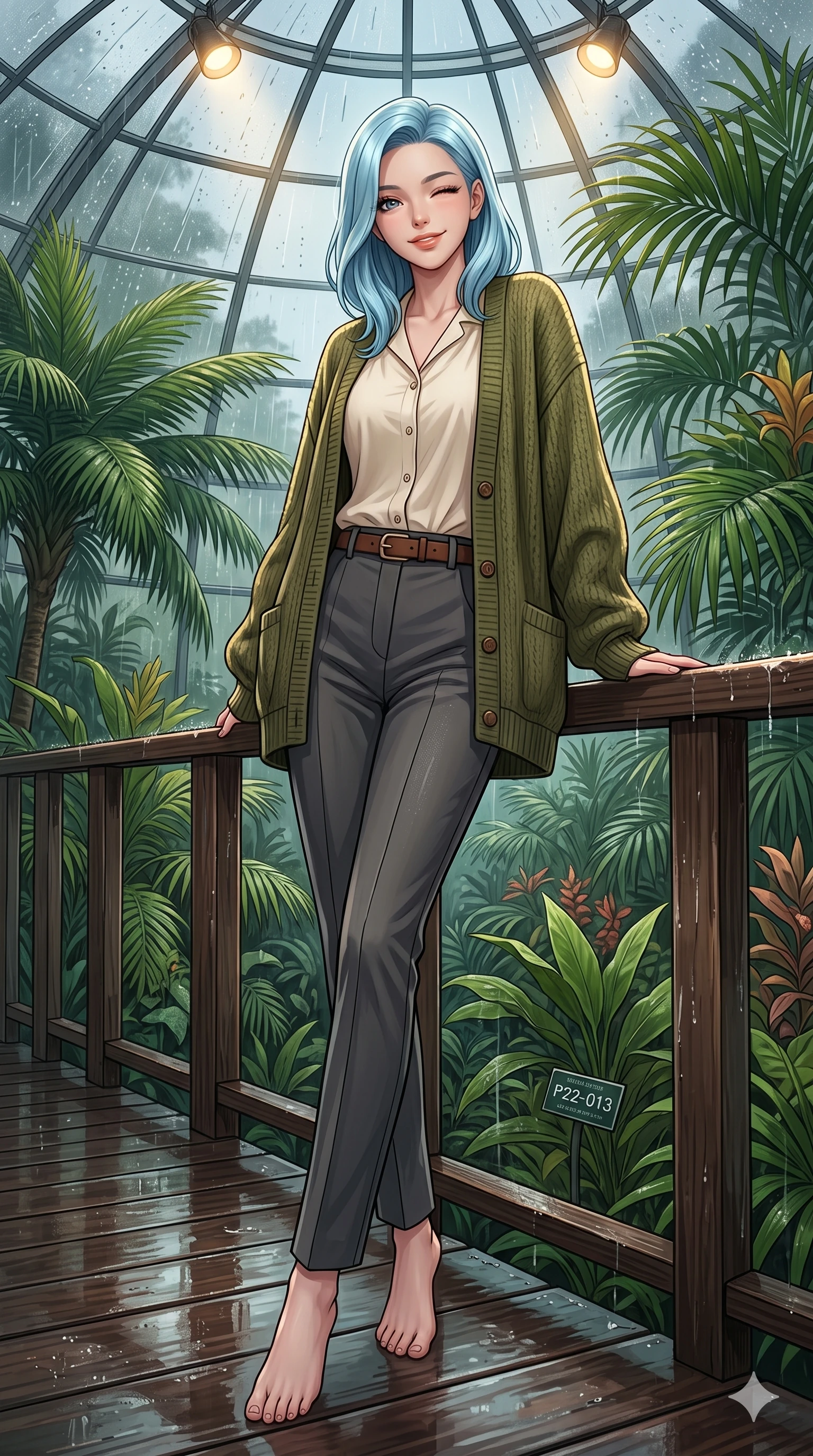 score_9, masterpiece, best quality, ultra-detailed, high-budget anime keyframe, vibrant anime aesthetic, Korean woman. low angle full-body shot from head to toe showing her feet, filling the entire 9:16 vertical frame with her statuesque presence, stretching her vertical silhouette. She is leaning back on a wet, rain-slicked railing, winking and smiling delightfully, with a bright, joyful gaze with a gentle tilt of her head. on a wooden boardwalk winding through a botanical garden greenhouse filled with exotic palms, under a glass dome (Code-P22-013). She has an absolutely perfect 8-heads proportion, an exceptionally tall and slender female figure with impossibly long slender legs and an ultra-slim waist. V-shaped jawline, high-bridge nose, intricate jewel-like eyes with depth, thick eyelashes, glossy lips with a natural sheen. wearing an oversized olive green knit cardigan over a buttoned cotton blouse and tailored trousers with an elegant leather belt. She is illuminated by warm overhead spotlights inside the plant conservatory dome, casting soft shadows that enhance her features in the rainy afternoon. 2k, ultra detail, master piece, 9:16 ratio