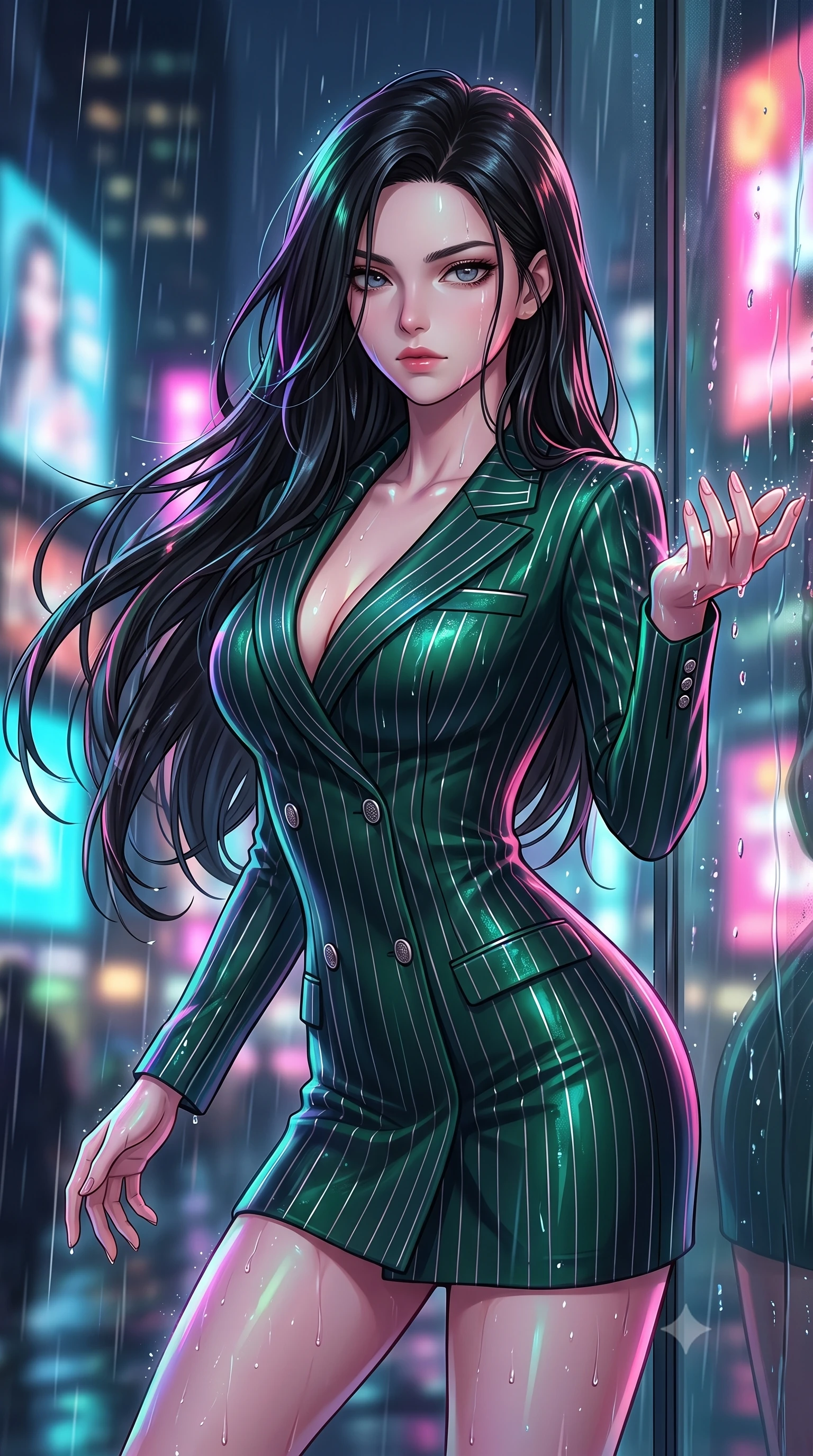 score_9, masterpiece, best quality, ultra-detailed, high-budget anime keyframe, editorial fashion photography, tasteful artistic composition, Korean woman. close-up cowboy shot from the waist and thighs up, the character dominates the composition, filling the frame with her large presence, background elements kept in soft focus. Gazing past the lens with composed intensity as her torso curves dynamically in mid-motion while reaching forward with one hand to catch rain droplets catching neon speculars, wet glass surfaces casting glossy specular highlights from surrounding billboards. She has an exceptionally elegant, slender, and willowy female figure with an ultra-slim waist, a gracefully sculpted slender torso, and a refined silhouette. sharp v-shaped jawline, high-bridge nose, intricate jewel-like eyes with depth, thick eyelashes, glossy lips with a natural sheen, flawlessly proportioned anatomical accuracy, natural body alignment, perfectly sculpted elegant limbs, clean dynamic posture without body distortion. wearing a double-breasted blazer dress with subtle metallic pin-stripes in deep emerald green and silver accent, formed from sleek second-skin neoprene, accented with a Tasteful chest slit framing her clavicle gracefully, the glove-like fit emphasizing her statuesque silhouette during motion. drenched in wet neon reflections with brilliant specular highlights on her silhouette. highly saturated vibrant anime colors, detailed shading with soft gradients, rich glossy textures, high-contrast stereoscopic depth, volumetric dynamic lighting, master piece, 9:16 ratio