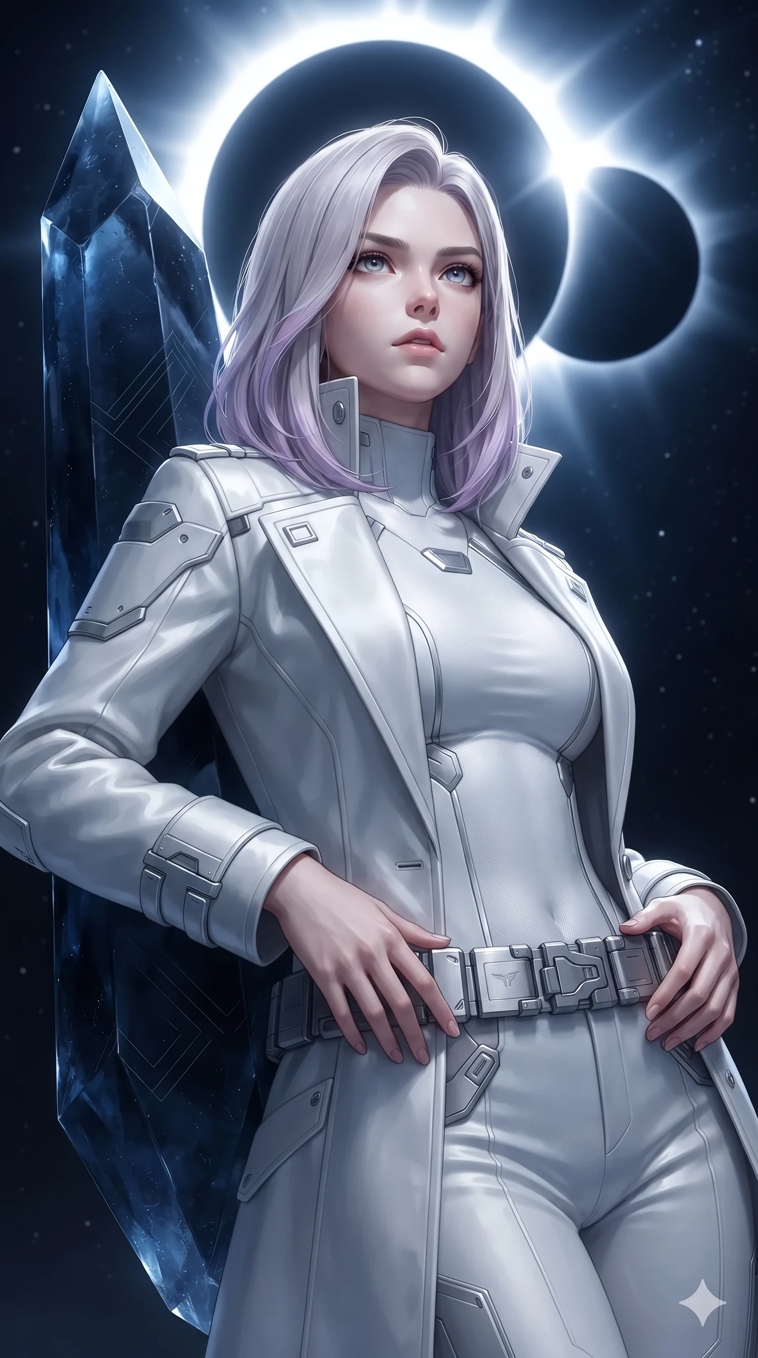 score_9, masterpiece, best quality, ultra-detailed, high-budget anime keyframe, editorial fashion photography, tasteful artistic composition, Caucasian woman. close-up cowboy shot from the waist and thighs up, the character dominates the composition, filling the frame with her large presence. resting both hands lightly on her tactical utility belt, arching her spine to highlight her narrow waist, flat midriff, and breathtaking collarbones while leaning against a massive levitating shard with hips cocked back, gazing through the blinding coronal ring with intoxicating bedroom-eyes. The surrounding environment is rendered in vivid detail and crisp panoramic clarity: intricate cybernetic suit paneling, sheer ventilation mesh, and alien anti-gravity physics in razor-sharp clarity. She has an exceptionally elegant, slender, and willowy female figure with an ultra-slim waist, flat toned midriff, narrow ribcage, and sculpted feminine hips creating an alluring, slim hourglass silhouette without bulk. sharp v-shaped jawline, high-bridge nose, intricate jewel-like sparkling eyes with depth, thick eyelashes, glossy parted lips with a natural sheen, bright confident smile with an enchanting and coquettish sensual glint, exuding both youthful magnetic charm and sovereign high-tech allure, flawlessly proportioned anatomical accuracy, strict slender model proportions, natural body alignment, perfectly sculpted long slender limbs, ultra-slim waistline, clean dynamic posture without body distortion. wearing a structured aerospace commander greatcoat layered over an armored high-neck knit underlayer in pure alabaster white and brushed silver accents, tailored from brushed aeronautical titanium alloy with matte satin sheen, accented with a sleek utility belt with polished magnetic canisters resting loosely on her curvy hips, the bespoke structured tailoring following the natural line of her 8.5-heads silhouette with refined elegance. bathed in the dramatic high-contrast diamond corona brilliance of the twin solar eclipse casting sharp dramatic shadows. ultra-reflective glossy finish, specular highlights, rich textural contrasts, high-contrast stereoscopic depth, volumetric dynamic lighting, 2k, ultra detail, master piece, 9:16 ratio