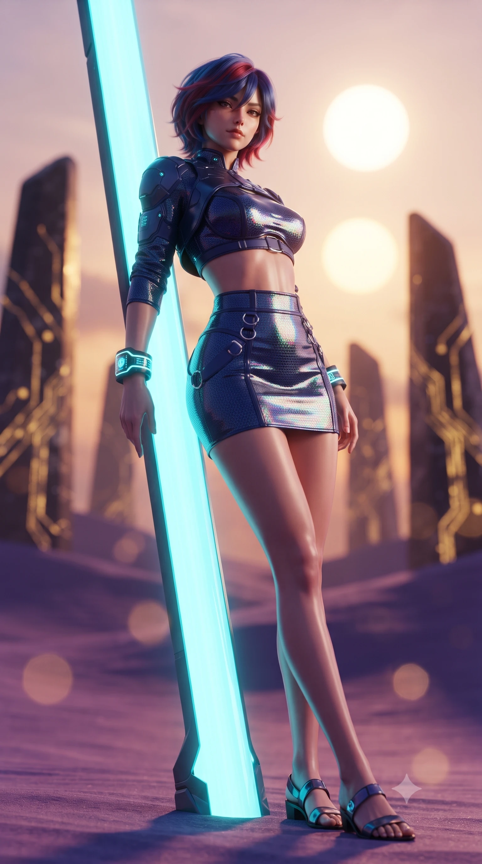 score_9, masterpiece, best quality, ultra-detailed, high-budget anime keyframe, editorial fashion photography, tasteful artistic composition, Korean woman. low angle full-body shot from head to toe showing her feet, filling the entire 9:16 vertical frame with her statuesque presence, stretching her vertical silhouette. leaning deep against the glowing energy conduit with hips cocked back in an unapologetically alluring high-fashion stance, flashing a warm beaming smile while leaning against a floating geometric metal shard with hips cocked back, casting an alluring bedroom-gaze over the twin-sun sunset. The background shows a soft-focus soaring obsidian monoliths with glowing golden circuit etchings and rolling violet sand dunes blurred into copper, amethyst, and gold bokeh. She has an absolutely perfect, statuesque 8.5-heads proportion, an exceptionally tall and slender model-like female figure with impossibly long slender legs, an ultra-slim waist, a flat toned midriff, narrow delicate ribcage, and beautifully sculpted feminine hips creating a graceful, slim hourglass silhouette without any bulky heaviness. sharp v-shaped jawline, high-bridge nose, intricate jewel-like sparkling eyes with depth, thick eyelashes, glossy parted lips with a natural sheen, bright confident smile with an enchanting and coquettish sensual glint, exuding both youthful magnetic charm and sovereign high-tech allure, flawlessly proportioned anatomical accuracy, strict slender model proportions, natural body alignment, perfectly sculpted long slender limbs, ultra-slim waistline, clean dynamic posture without body distortion. wearing a modern mecha-suit two-piece set featuring a cropped armored bolero top and micro tactical skirt with chrome rings in midnight navy blue and holographic iridescent shimmer, woven from delicate semi-opaque high-tensile nano-mesh with intricate hexagonal micro-patterns, featuring sleek glowing cyan HUD display wrist cuffs with floating data telemetry, the high-waisted tailoring accentuating her ultra-slim waistline and the enchanting curve of her feminine hips with alluring dark charm. bathed in the warm, dramatic twin-sun sunset light casting long sculptural shadows. ultra-reflective glossy finish, specular highlights, rich textural contrasts, high-contrast stereoscopic depth, volumetric dynamic lighting, 2k, ultra detail, master piece, 9:16 ratio