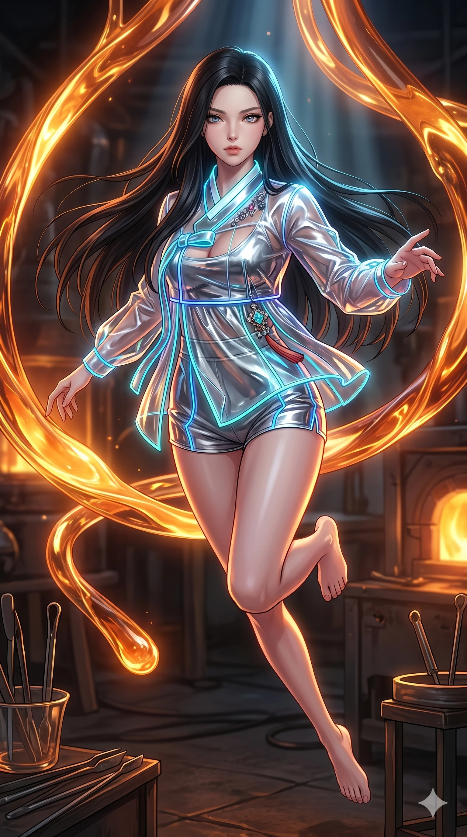 score_9, masterpiece, best quality, ultra-detailed, high-budget anime keyframe, Japanese woman. upper body close-up from the thighs up, character filling the screen for maximum presence. bounding through a molten glass art studio where twisting, glowing amber glass tubes rotate like fluid rivers in a heated environment. She has an absolutely perfect 8-heads proportion, an exceptionally tall and slender female figure with impossibly long slender legs and an ultra-slim waist. V-shaped jawline, high-bridge nose, intricate jewel-like eyes with depth, thick eyelashes, glossy lips with a natural sheen.. wearing a vinyl liquid mercury fusion hanbok, featuring a translucent chrome-silver vinyl jeogori and high-waist micro-shorts, detailed with glowing neon wire trims and a tasteful chest slit. bathed in brilliant cinematic volumetric lighting and intense neon rim light highlighting her slender form. 2k, ultra detail, master piece, 9:16 ratio