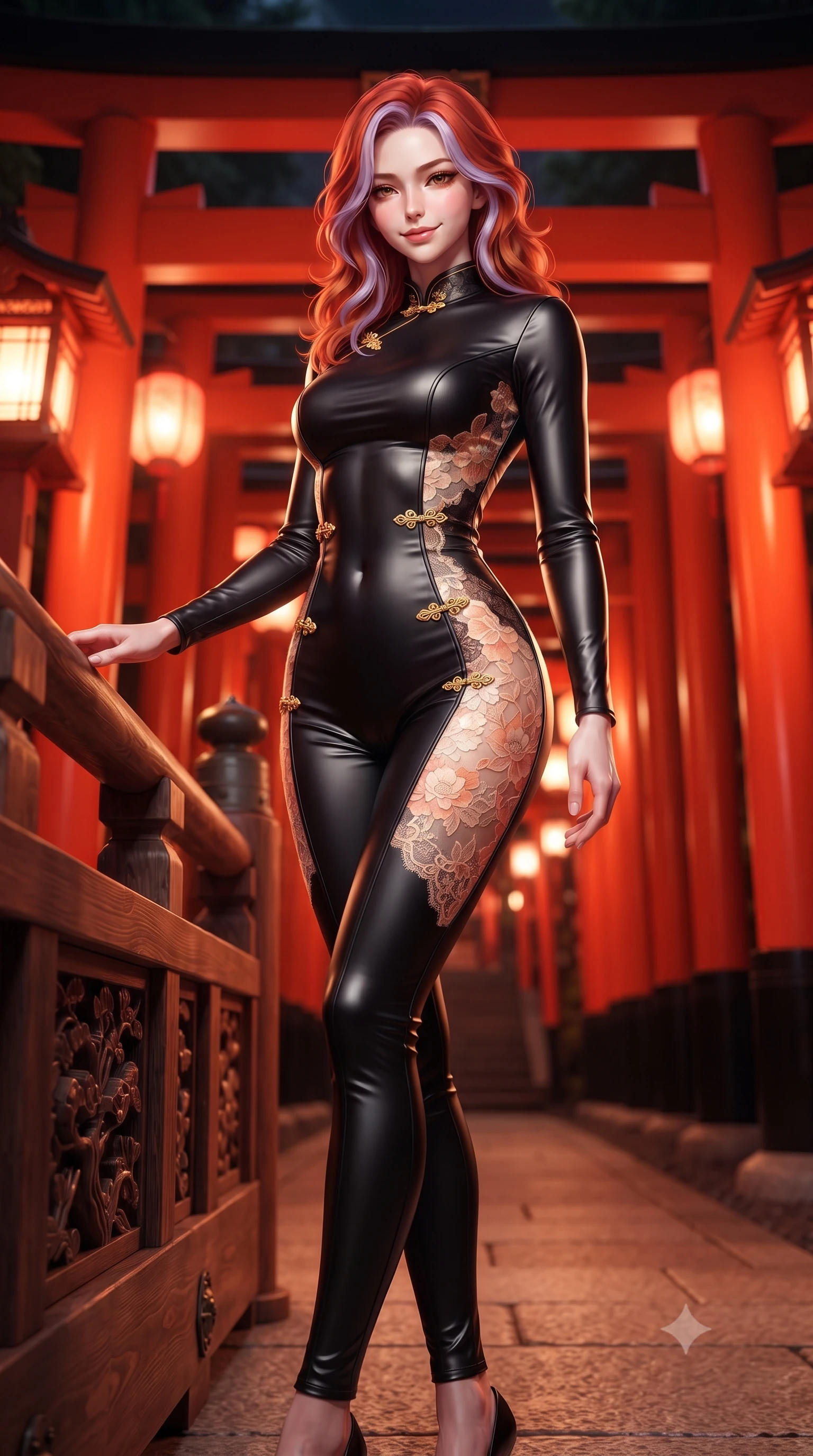 score_9, masterpiece, best quality, ultra-detailed, high-budget anime keyframe, editorial fashion photography, tasteful artistic composition, Caucasian woman. low angle full-body shot from head to toe showing her feet, filling the entire 9:16 vertical frame with her statuesque presence, stretching her vertical silhouette. standing in a tall, confident posture with one hand on the carved palace railing, stretching her statuesque body as she arches her lower back to emphasize her sculpted feminine hips and slender waist while pausing beneath an illuminated mountain shrine archway, her statuesque presence commanding the sacred vermilion tunnel. The surrounding environment is rendered in vivid detail and crisp panoramic clarity: detailed modern kimono fabric drape, scarlet lantern specular highlights on skin, and shrine gate architecture in high clarity. She has an absolutely perfect, statuesque 8.5-heads proportion, an exceptionally tall and slender model-like female figure with impossibly long slender legs, an ultra-slim waist, a flat toned midriff, narrow delicate ribcage, and beautifully sculpted feminine hips creating a graceful, slim hourglass silhouette without any bulky heaviness. sharp v-shaped jawline, high-bridge nose, intricate jewel-like dark sparkling almond eyes with depth, thick lashes, glossy parted lips with a natural rose-plum sheen, bright alluring and coquettish smile with bedroom-eyes, exuding both timeless oriental elegance and sovereign high-fashion allure, flawlessly proportioned anatomical accuracy, strict slender model proportions, natural body alignment, perfectly sculpted long slender limbs, ultra-slim waistline, clean dynamic posture without body distortion. wearing a second-skin black silk jersey catsuit with delicate oriental floral lace panels along the ribs and thighs in warm peach apricot and soft vanilla silk, crafted from heavy fluid silk satin with a liquid mirror-like sheen, accented with intricate gold frog buttons and a delicate mandarin collar, the high-waisted wrap tailoring accentuating her ultra-slim waistline and the enchanting curve of her feminine hips with alluring oriental charm. bathed in radiant vermilion and warm lantern illumination echoing endlessly down the wooden tunnel. ultra-reflective glossy finish, specular highlights, rich textural contrasts, high-contrast stereoscopic depth, volumetric dynamic lighting, 2k, ultra detail, master piece, 9:16 ratio