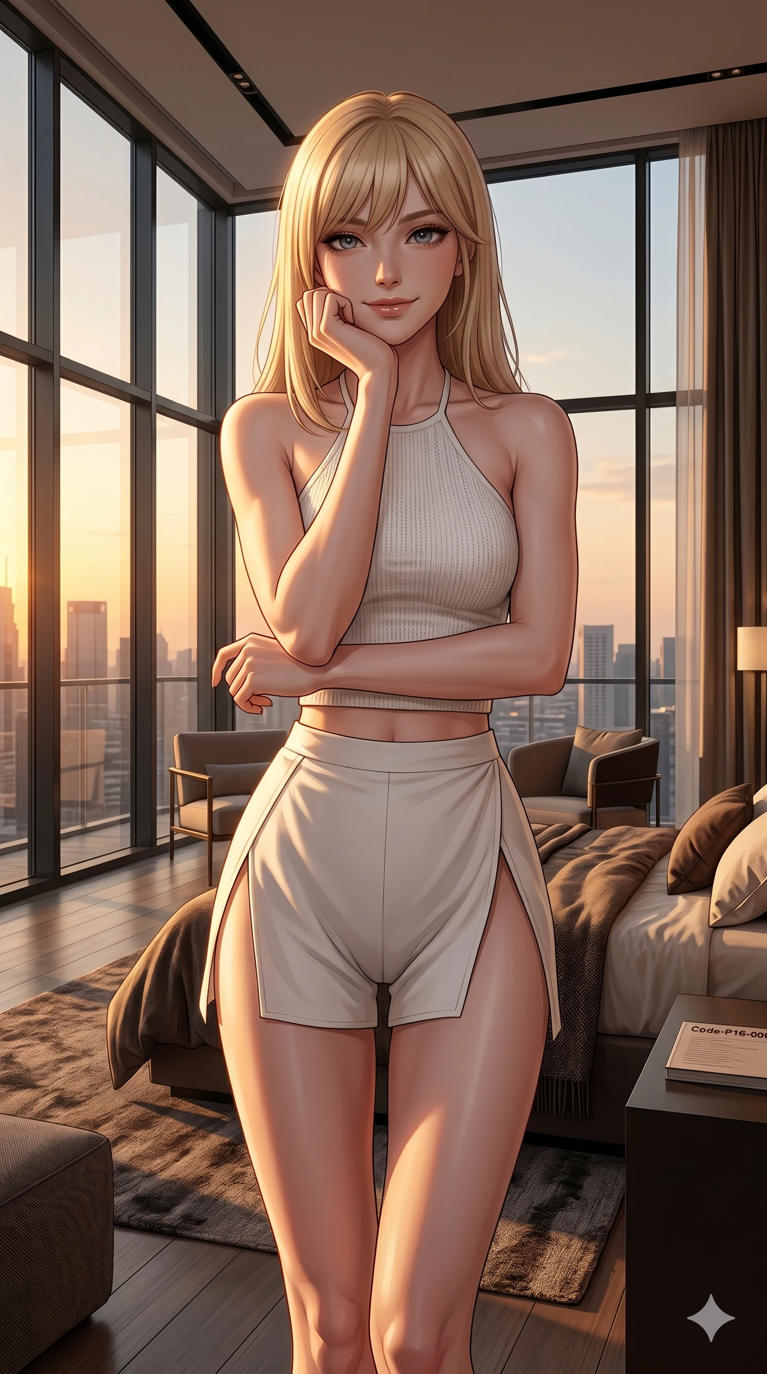 score_9, masterpiece, best quality, ultra-detailed, high-budget anime keyframe, editorial fashion photography, tasteful artistic composition, Japanese woman. cowboy shot from the thighs up, character and outfit filling the frame for maximum editorial presence. resting her chin on her fingers, smiling with quiet magnetic charm directly into the lens inside a modern loft bedroom with floor-to-ceiling glass walls (Code-P16-009). She has an absolutely perfect 8-heads proportion, an exceptionally tall and slender female figure with impossibly long slender legs and an ultra-slim waist. V-shaped jawline, high-bridge nose, intricate jewel-like eyes with depth, thick eyelashes, glossy lips with a natural sheen. wearing a white knit halter top showing her elegant clavicle lines, paired with high-slit wrap shorts. bathed in warm golden hour sunset light, casting long organic shadows across her athletic build. 2k, ultra detail, master piece, 9:16 ratio