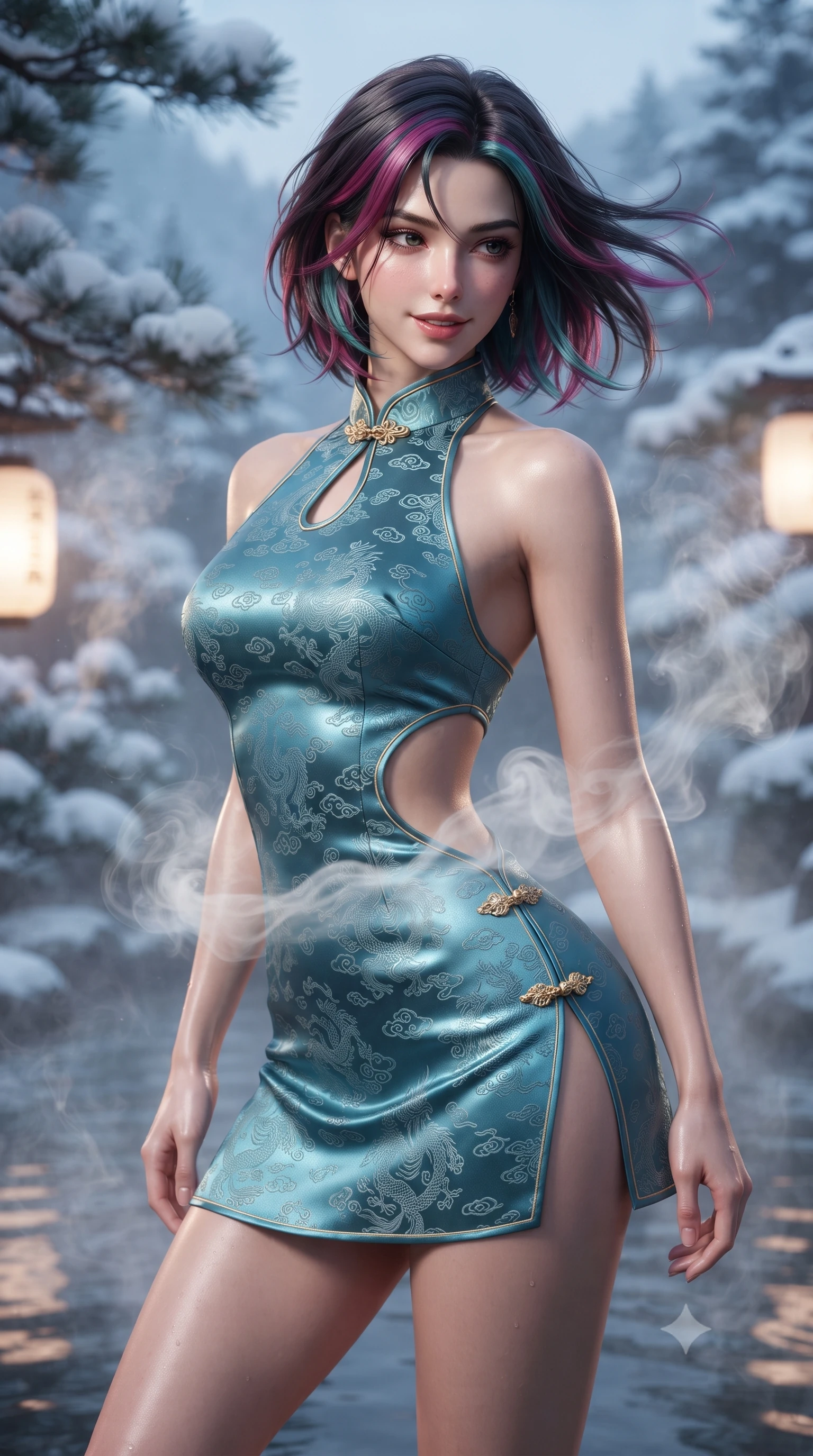 score_9, masterpiece, best quality, ultra-detailed, high-budget anime keyframe, editorial fashion photography, tasteful artistic composition, Caucasian woman. close-up cowboy shot from the waist and thighs up, the character dominates the composition, filling the frame with her large presence. turning slowly with a smoldering smile, her glossy dark hair tossing in the evening breeze as her hips angle gracefully in a captivating contrapposto while twisting her slender torso in an alluring contrapposto stance, rising mineral steam curling around her flat midriff and rounded feminine hips. The background shows a soft-focus curling thermal onsen steam veils and snow-laden pine branches softened in luxurious Japanese mountain shallow focus. She has an exceptionally elegant, slender, and willowy female figure with an ultra-slim waist, flat toned midriff, narrow ribcage, and sculpted feminine hips creating an alluring, slim hourglass silhouette without bulk. sharp v-shaped jawline, high-bridge nose, intricate jewel-like dark sparkling almond eyes with depth, thick lashes, glossy parted lips with a natural rose-plum sheen, bright alluring and coquettish smile with bedroom-eyes, exuding both timeless oriental elegance and sovereign high-fashion allure, flawlessly proportioned anatomical accuracy, strict slender model proportions, natural body alignment, perfectly sculpted long slender limbs, ultra-slim waistline, clean dynamic posture without body distortion. wearing a backless halter qipao mini dress with delicate frog-button closures and side waist cutouts framing her hourglass curves in pure celadon porcelain blue and cloud white, made of rich jacquard silk with intricate embossed dragon and cloud motifs, accented with intricate gold frog buttons and a delicate mandarin collar, the high-waisted wrap tailoring accentuating her ultra-slim waistline and the enchanting curve of her feminine hips with alluring oriental charm. bathed in soft alpine twilight and warm glowing paper lantern light. ultra-reflective glossy finish, specular highlights, rich textural contrasts, high-contrast stereoscopic depth, volumetric dynamic lighting, 2k, ultra detail, master piece, 9:16 ratio